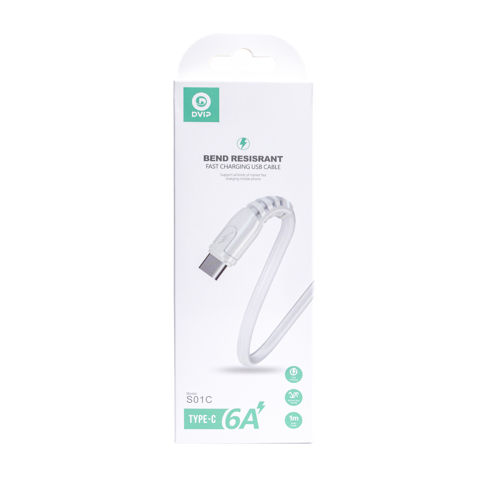Beyaz USB-C kablo ambalajı, S01C modeli, 6A hızlı şarj.