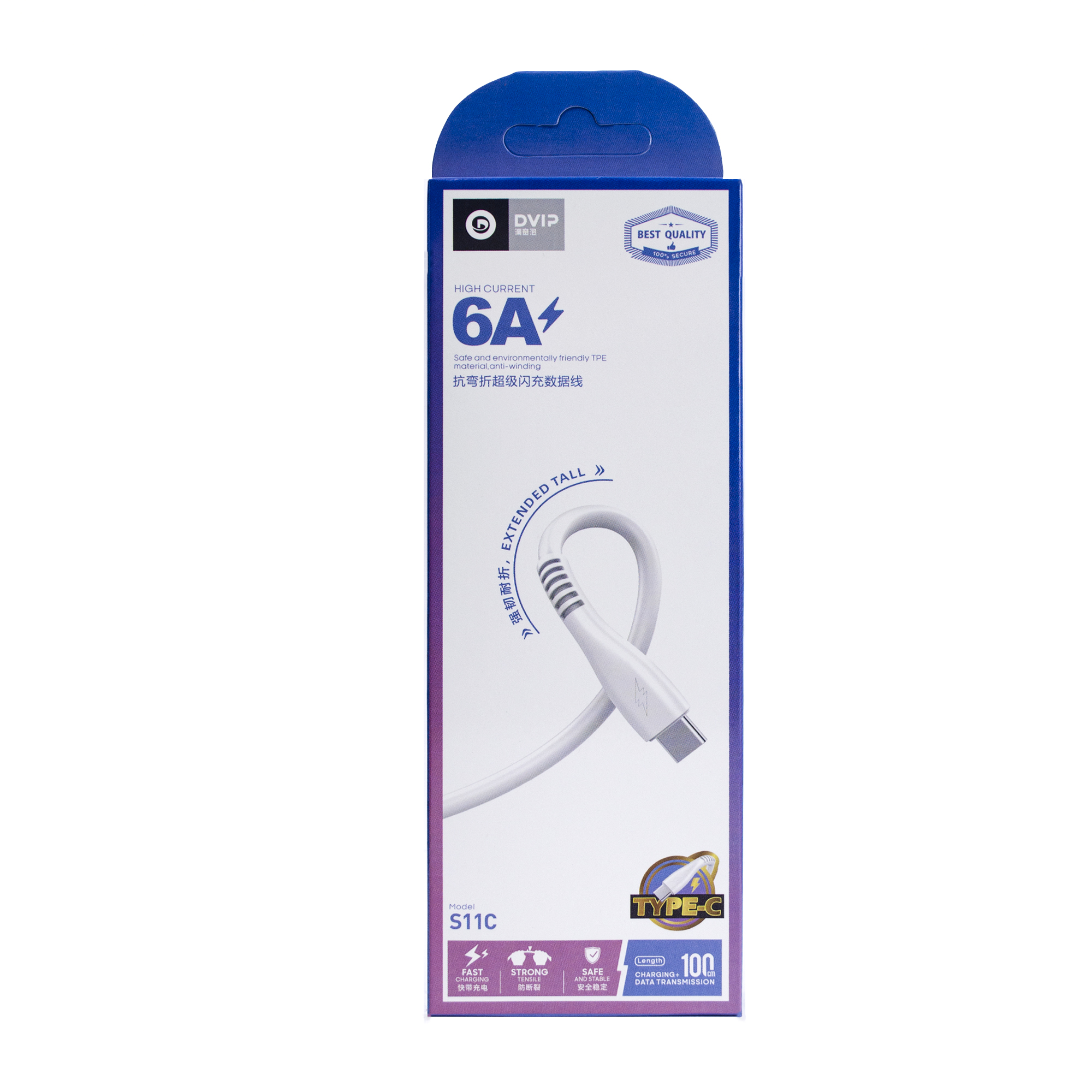 100cm uzunluğunda, Type-C konnektörlü beyaz 6A şarj USB-C kablo ambalajı.