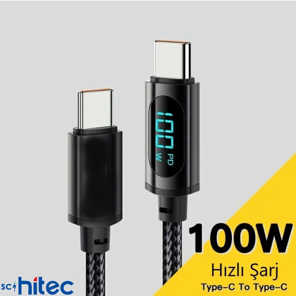 Dijital watt göstergeli ve metinli iki siyah USB-C kablosu.