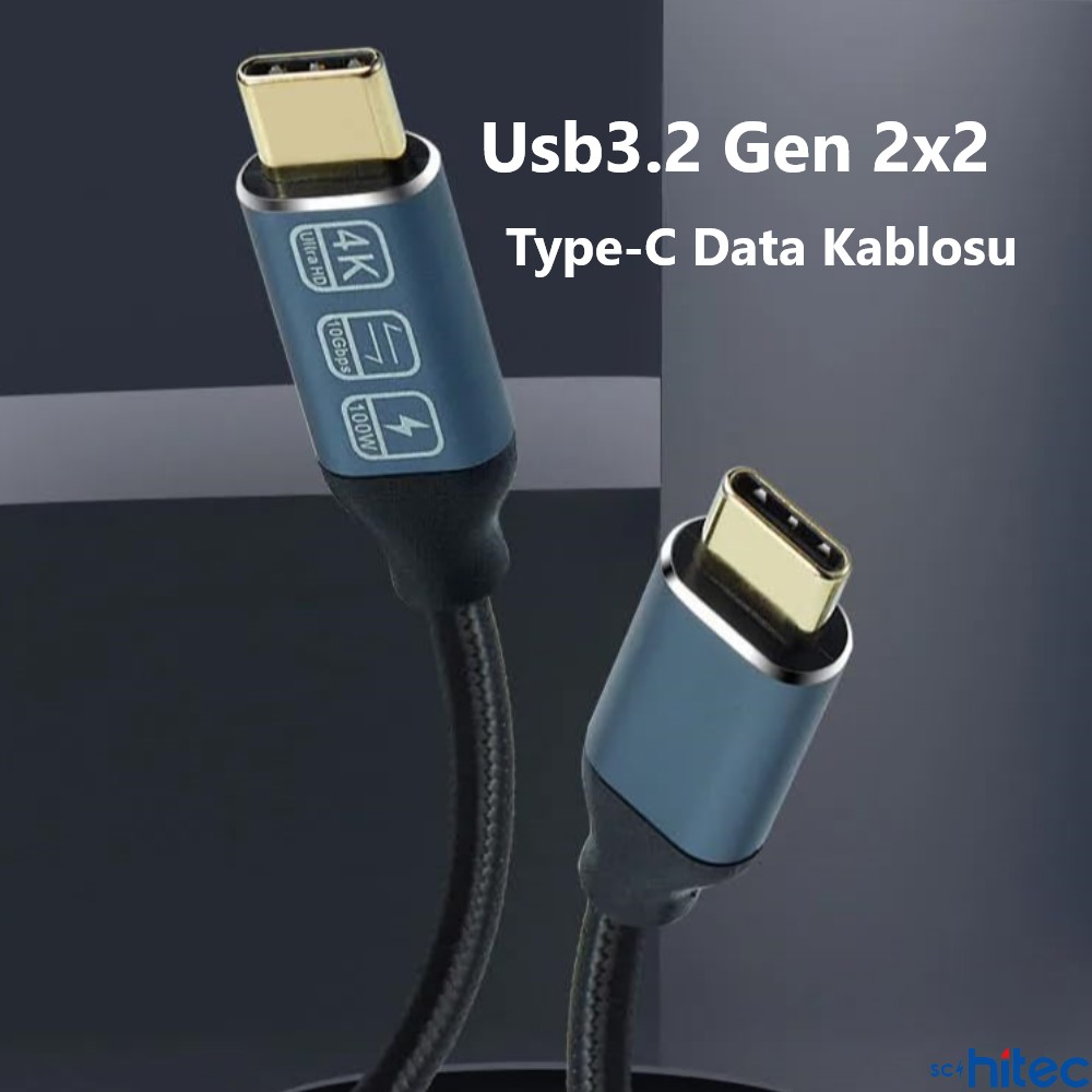 Mavi konnektör yuvalı ve altın uçlu iki USB-C kablosu.