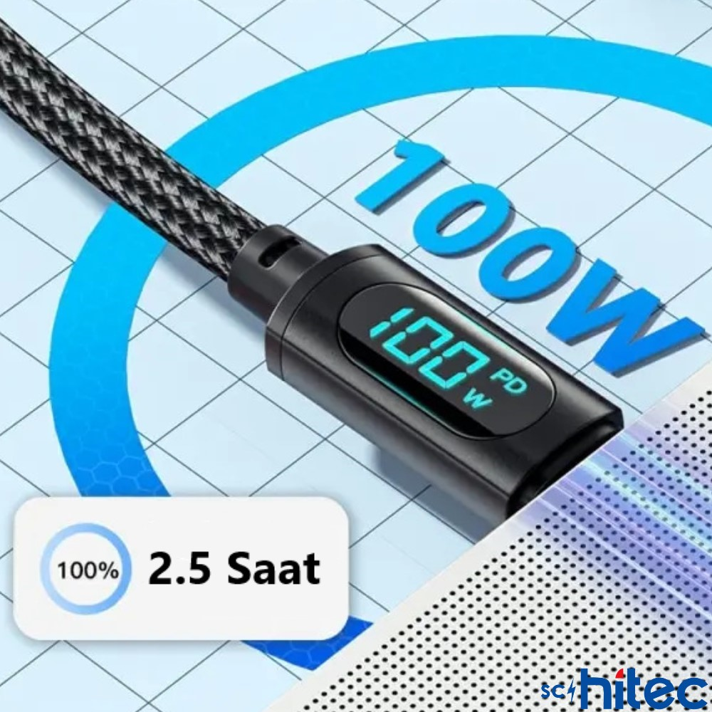 100W ve 2,5 saat gösteren dijital ekranlı siyah şarj kablosu.