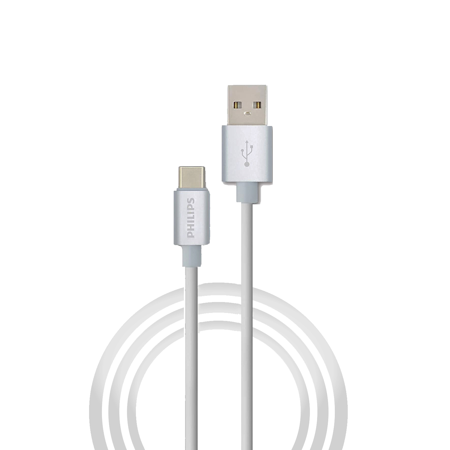 Gümüş konektörlü beyaz bir Philips USB-C - USB-A kablosu.