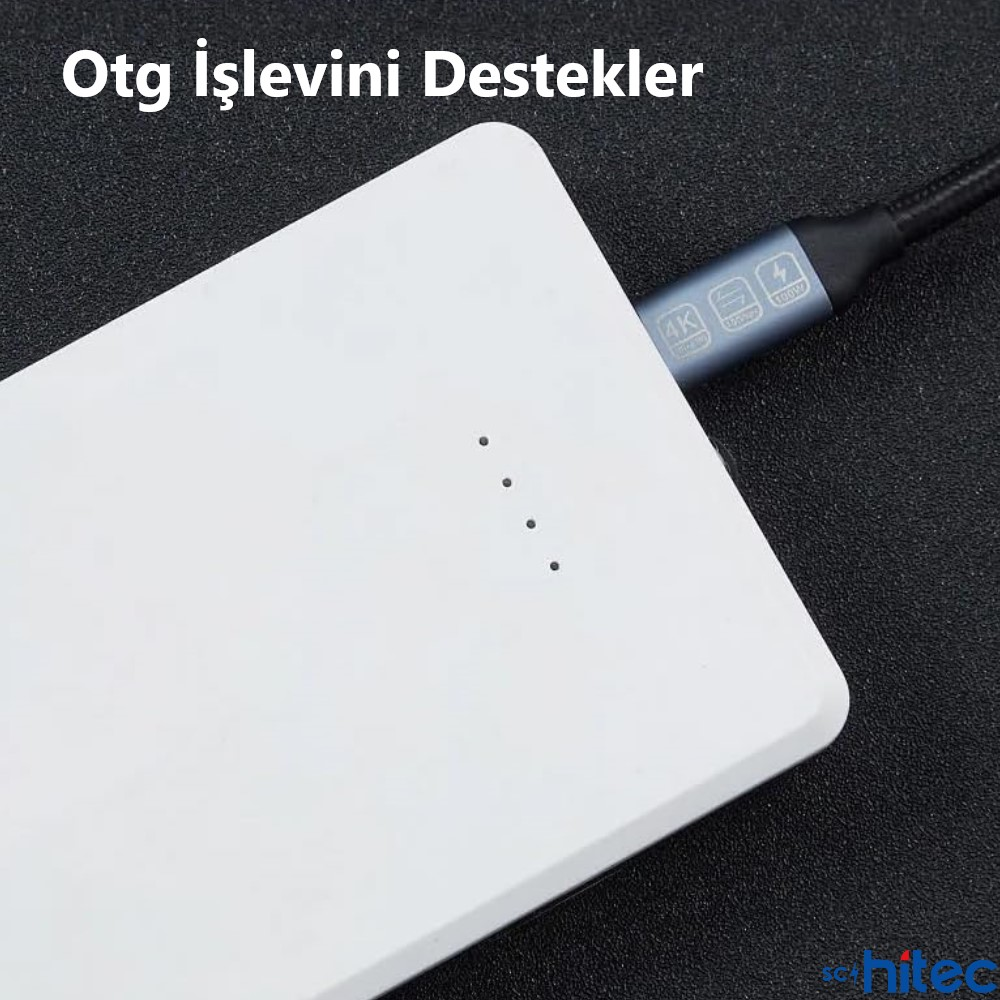 İkonları gösteren bağlı gri bir kabloya sahip beyaz bir powerbank cihazı.