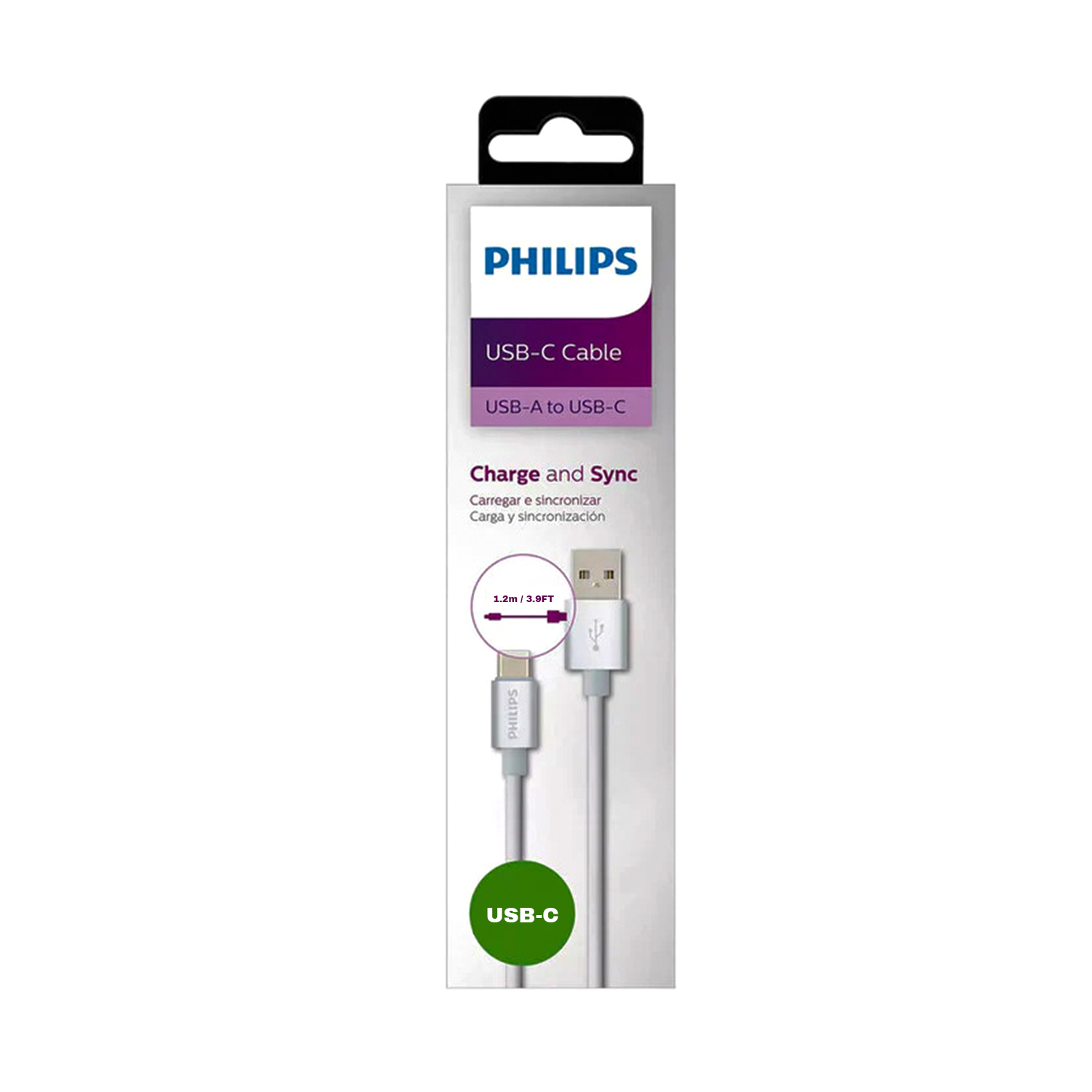Philips USB-C kablosu, beyaz, 1,2 m, USB-A ve USB-C konektörlü.