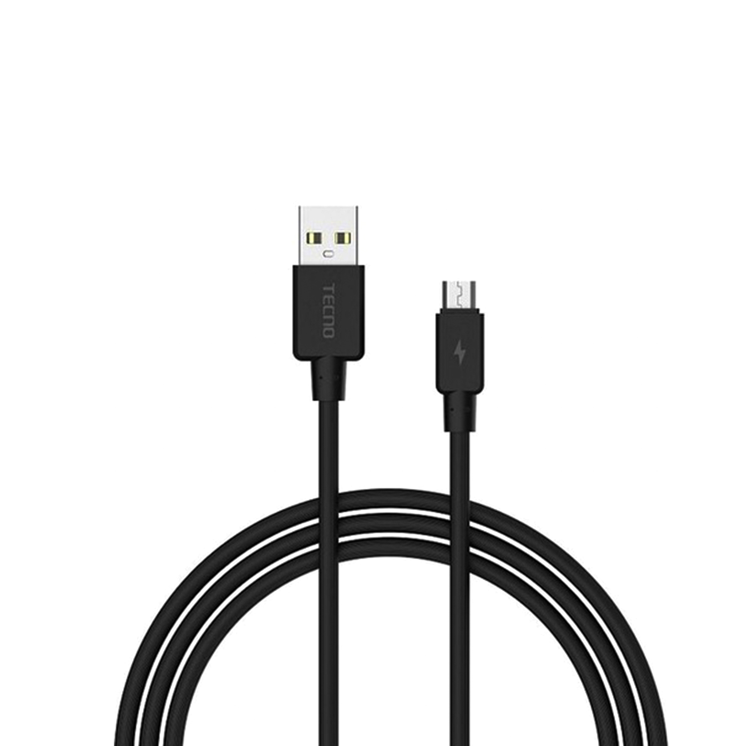 USB konektöründe Tecno logosu ve micro-USB konektöründe şimşek sembolü olan siyah USB kablosu.