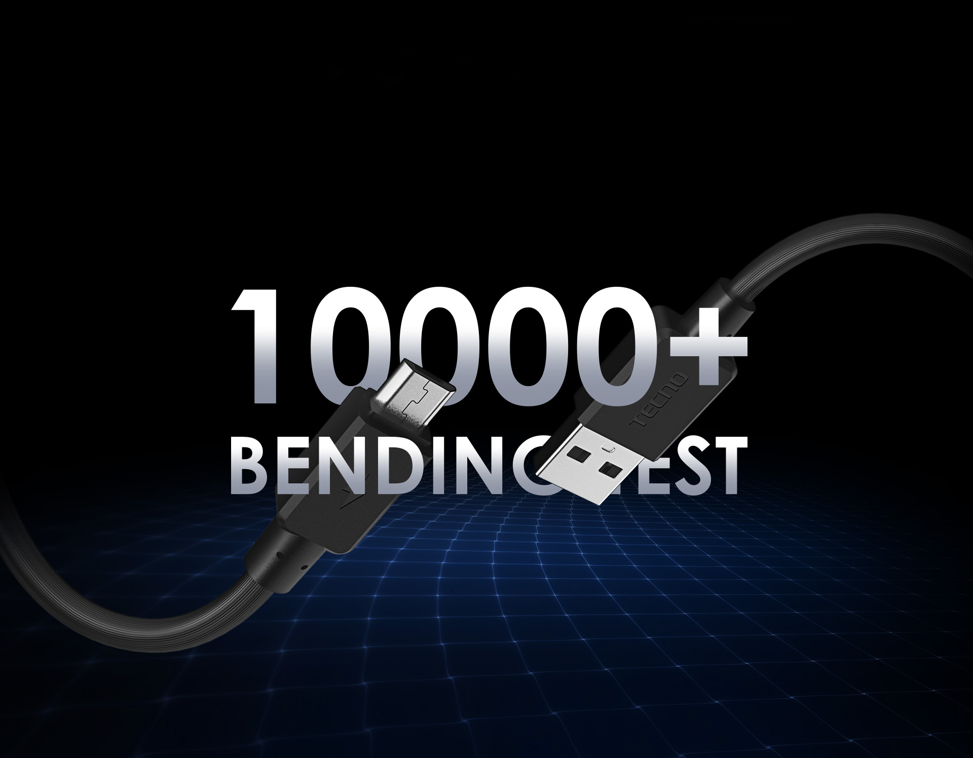 Üzerinde '10000+ Bending Test' yazan siyah bir USB-C ve USB-A kablo.