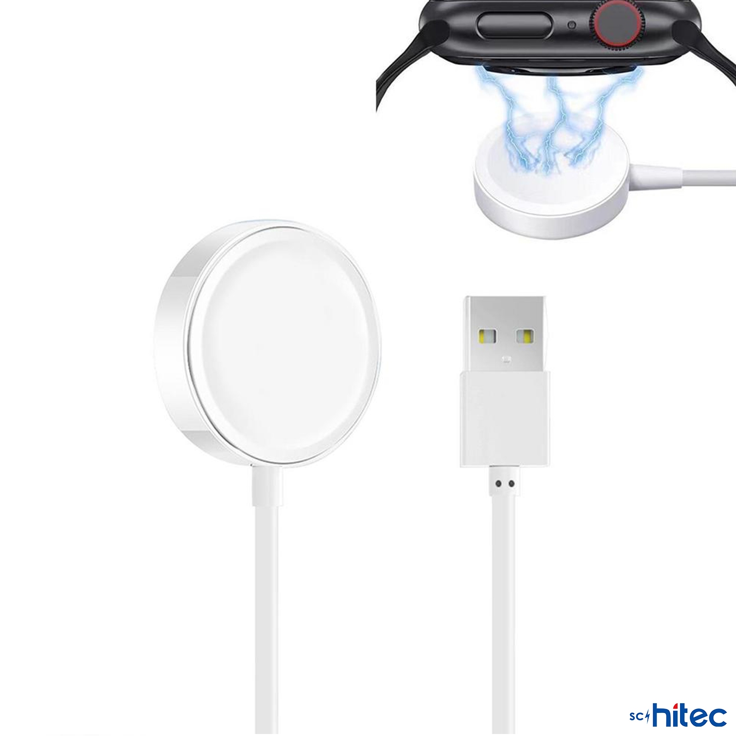 Akıllı saat, beyaz kablosuz şarj cihazı ve USB kablosu ile beyaz zeminde şarj oluyor.