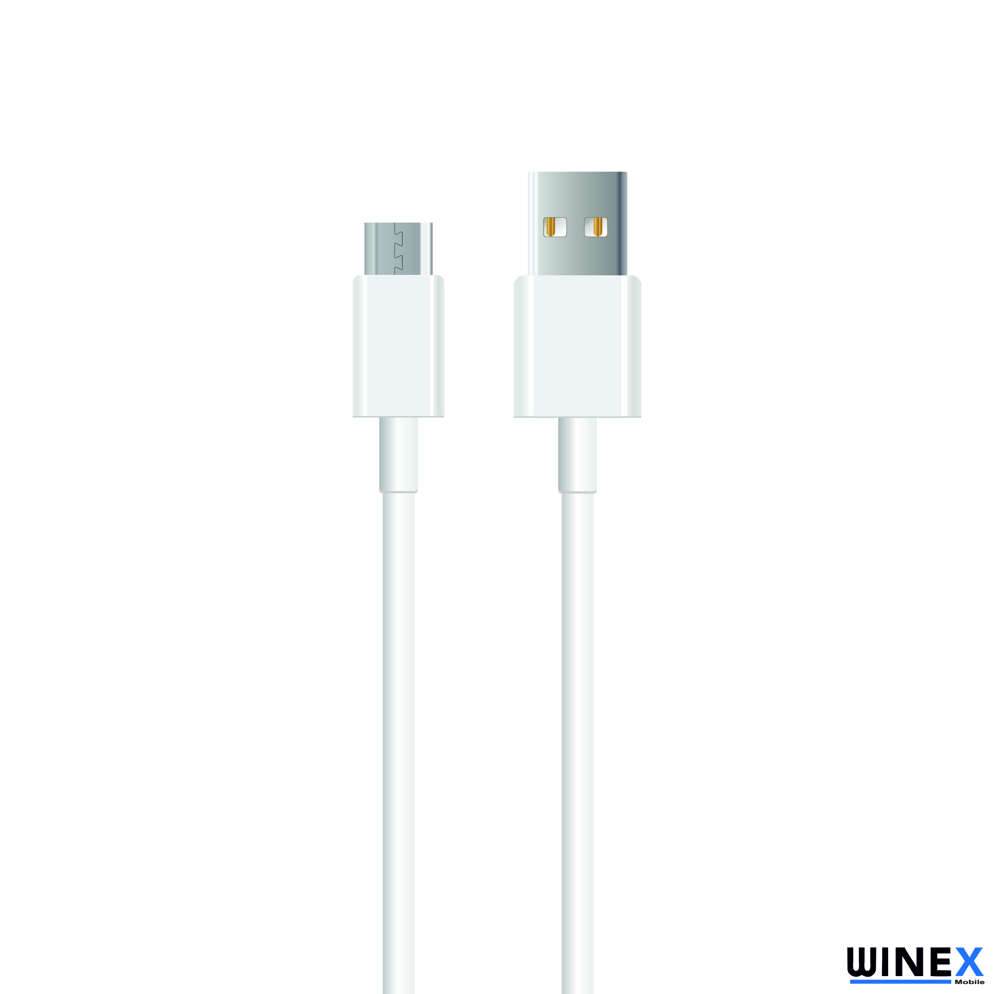 Beyaz arka plan üzerinde USB-A ve Micro-USB konektörlü iki beyaz şarj kablosu.
