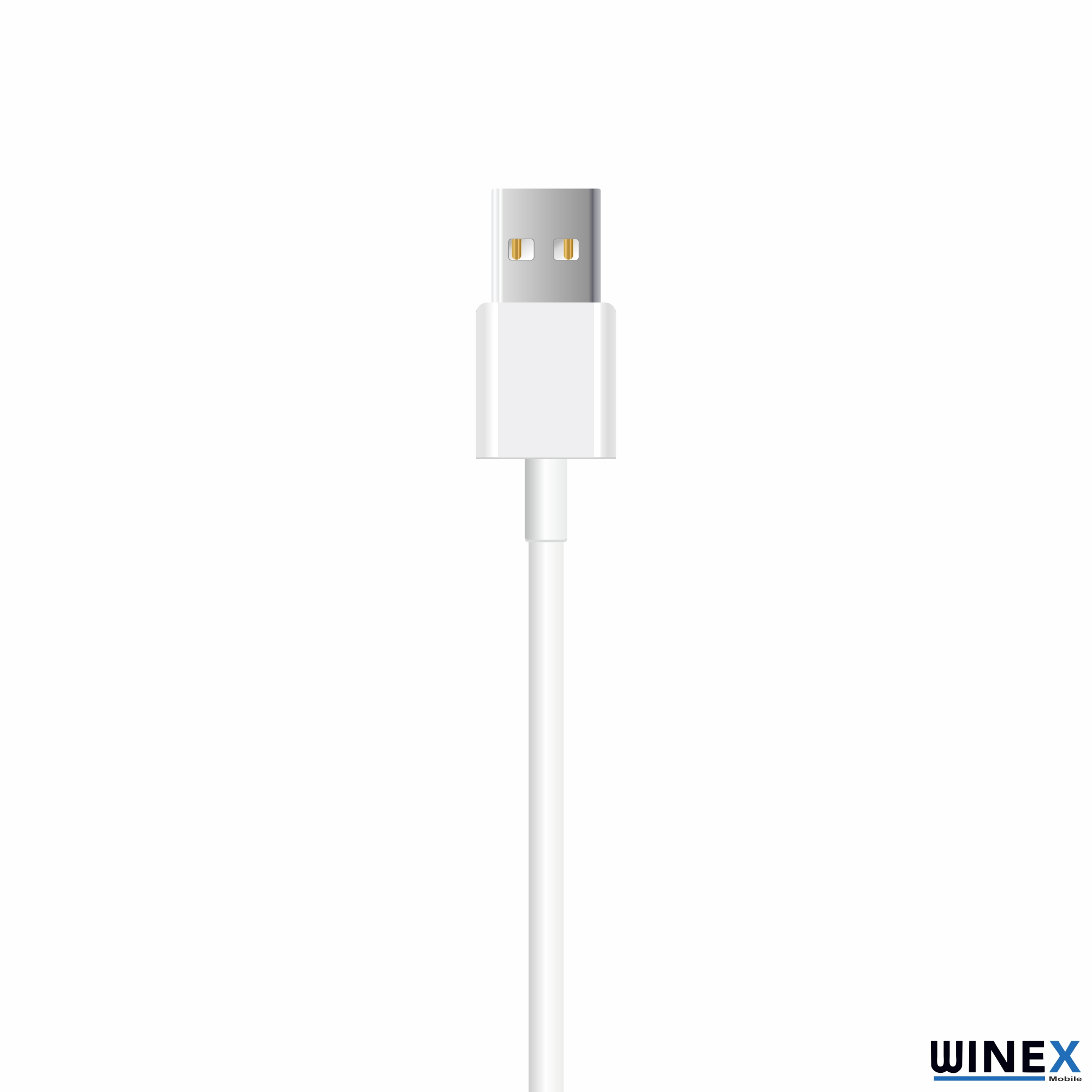 Gümüş konektörlü beyaz USB kablosu, beyaz zeminde izole edilmiş.