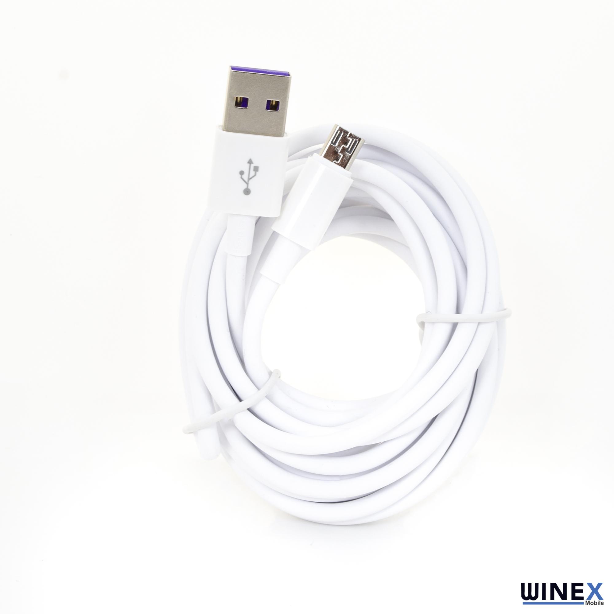 Beyaz bir USB - mikro USB kablosu, bağ ile sarılmış.