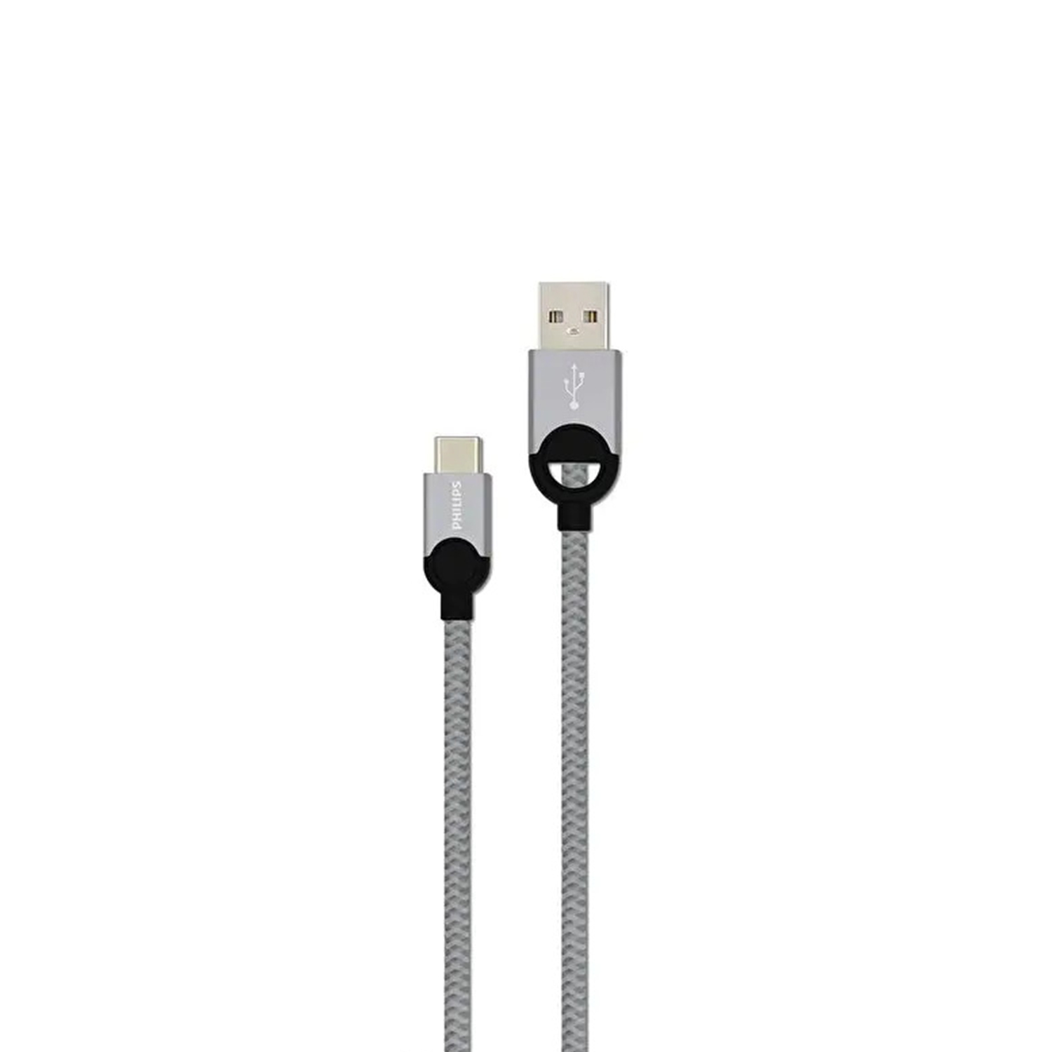 Gümüş konektörlü, gri örgülü USB-C - USB-A kablosu.