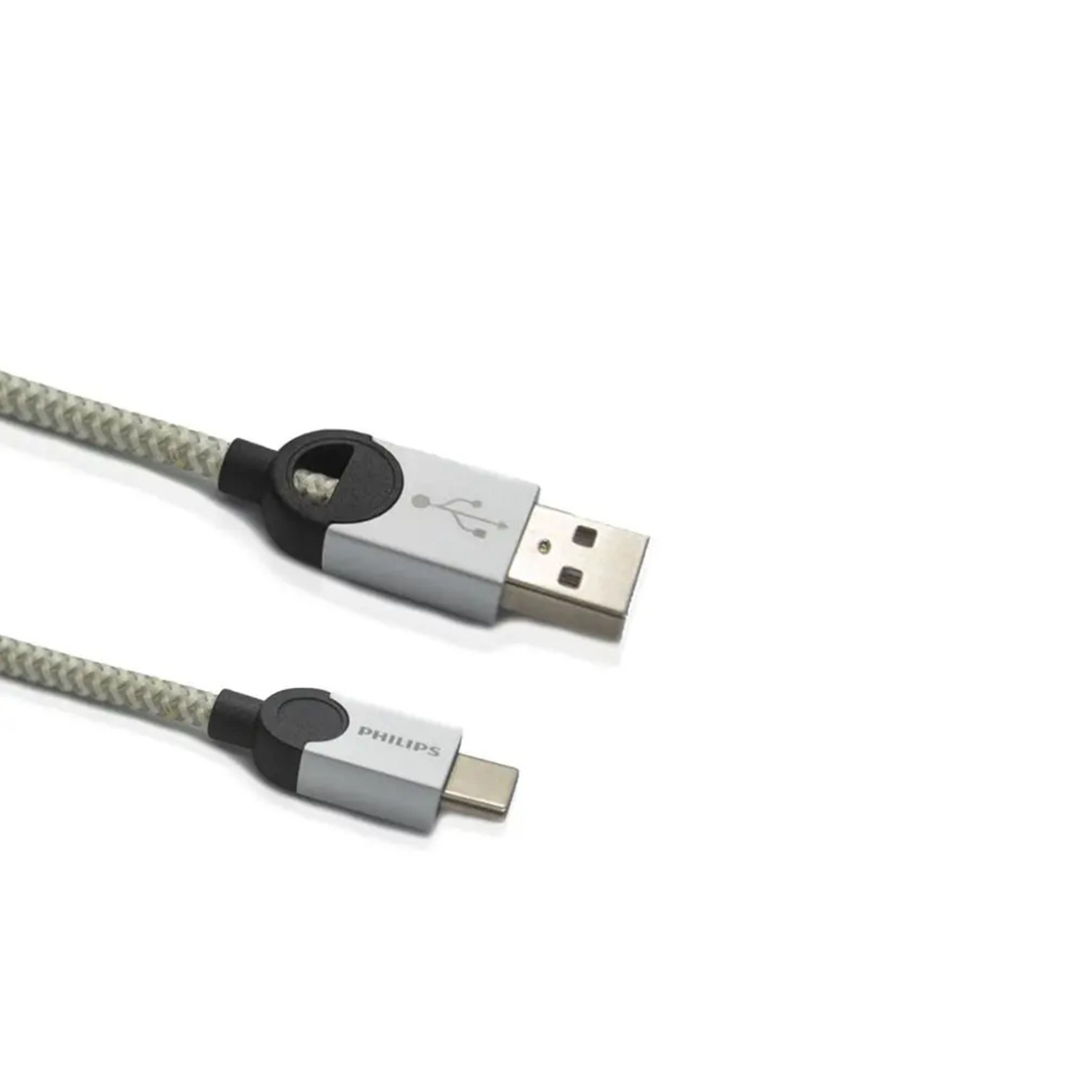 Philips USB-A - USB-C kablosu, örgülü gri kordon ve gümüş konektörlü.