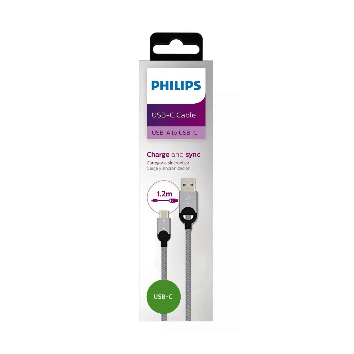 Philips USB-A - USB-C kablosu, 1,2m uzunluğunda, şarj ve senkronizasyon için.