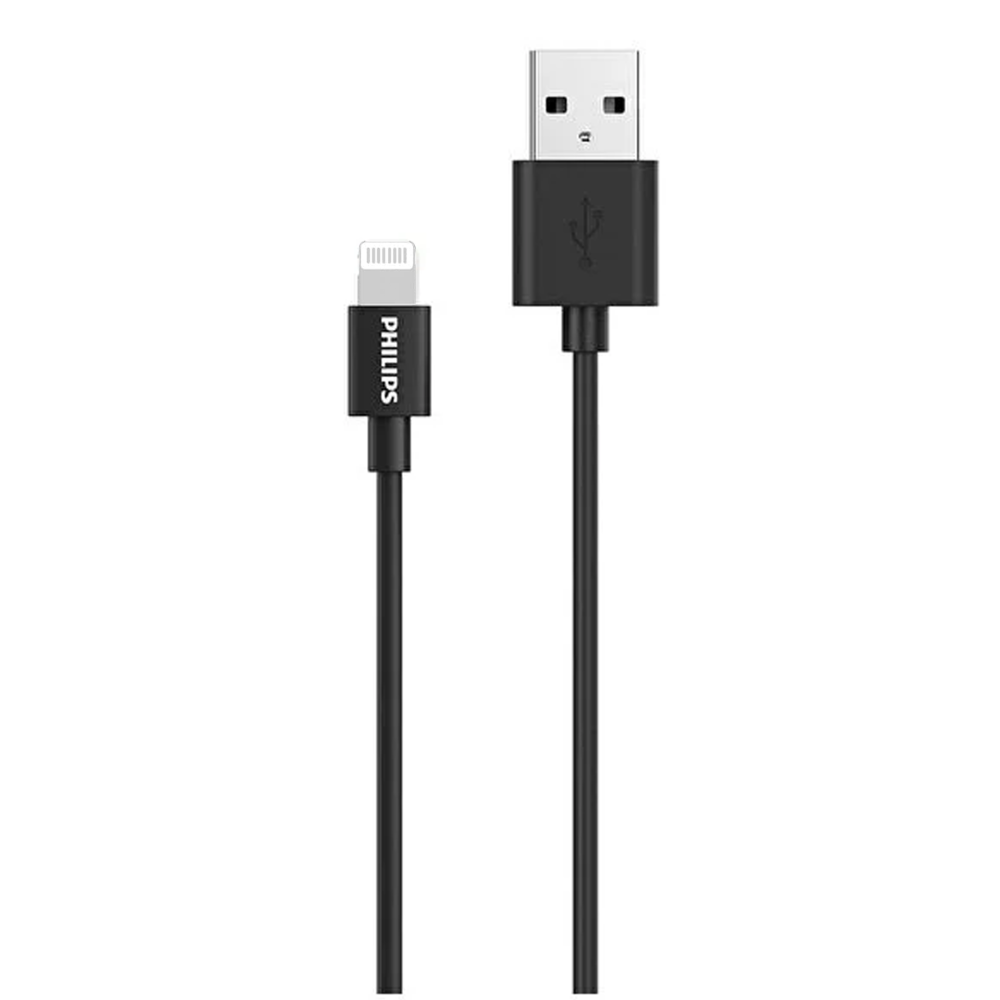 PHILIPS logolu siyah USB-A - Lightning kablosu.