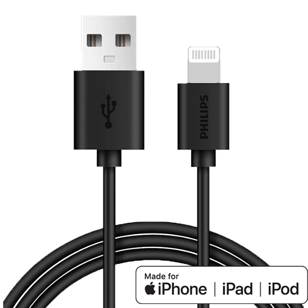 Siyah Philips USB-A - Lightning kablosu, USB ve Lightning konektörlü.