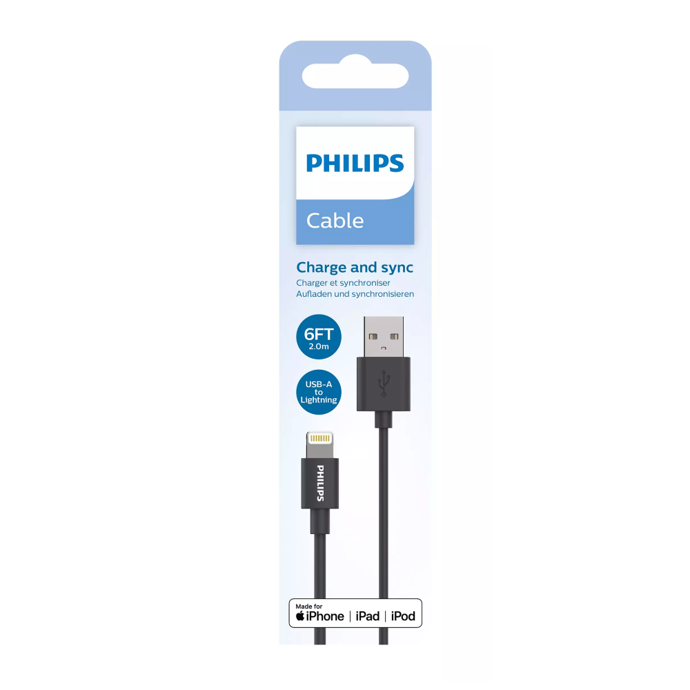 Philips 6FT USB-A - Lightning şarj kablosu ambalajı.