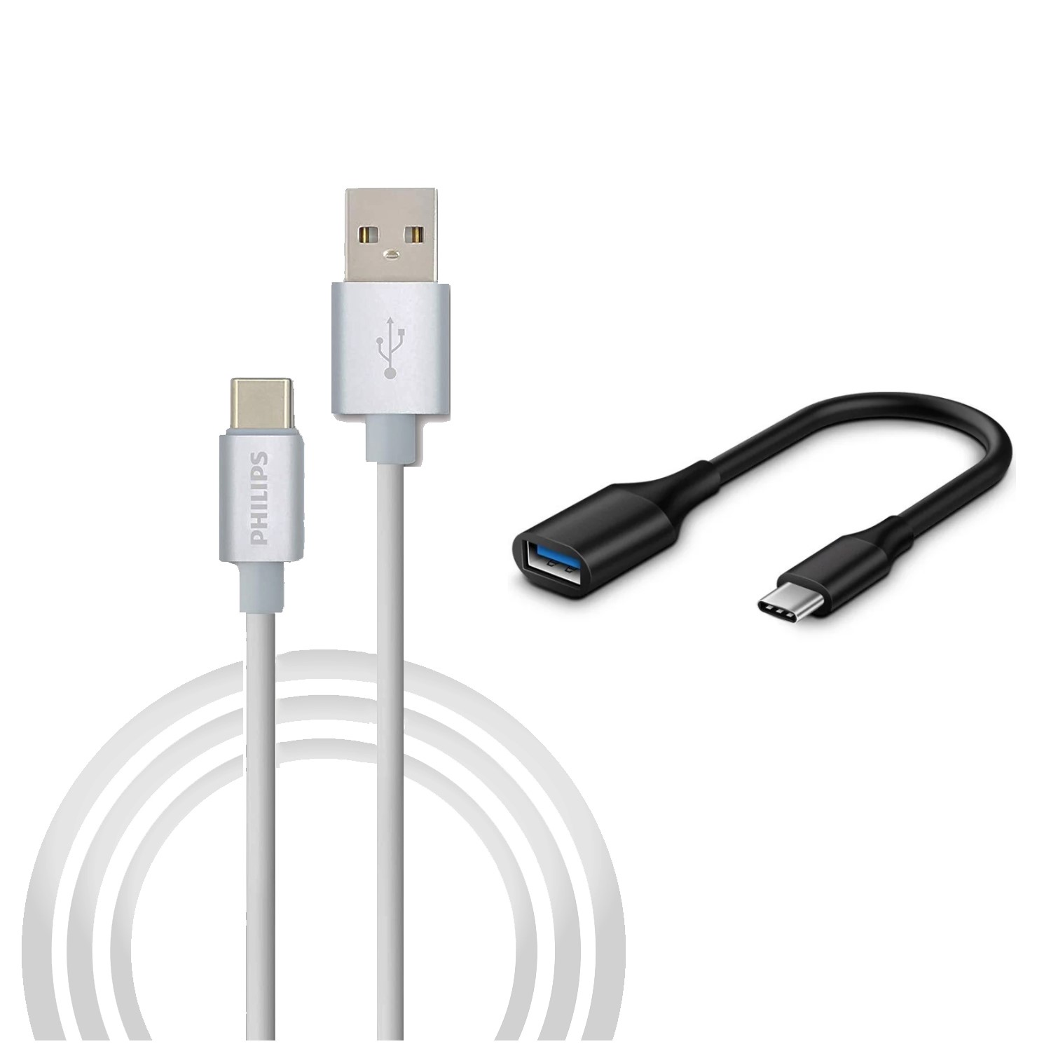 Beyaz USB-C - USB-A kablosu ve siyah USB-A - USB-C adaptörü beyaz üzerinde.
