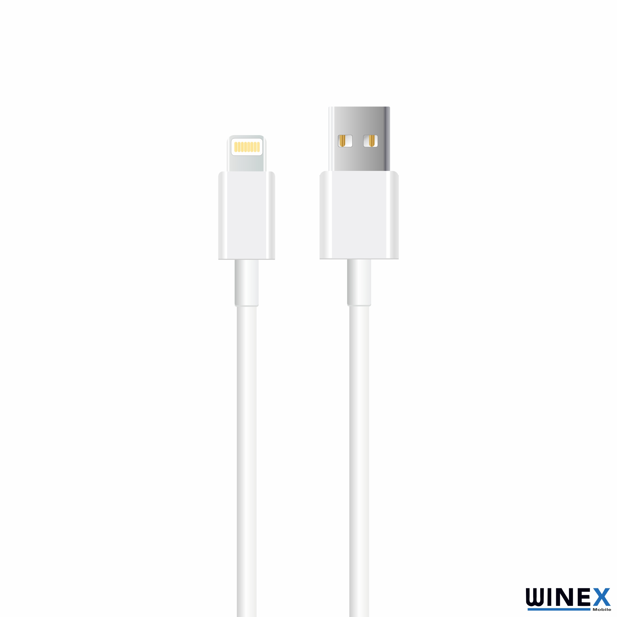 Beyaz bir Lightning kablosu ve bir USB kablosu yan yana beyaz zeminde.