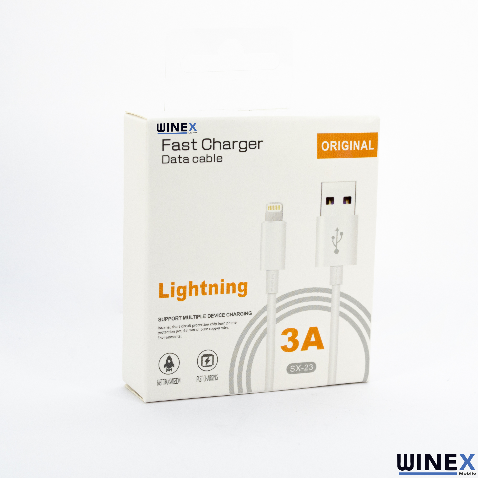 Beyaz şarj kablosu, USB ve Lightning konektörleri olan kutu. Orijinal 3A.