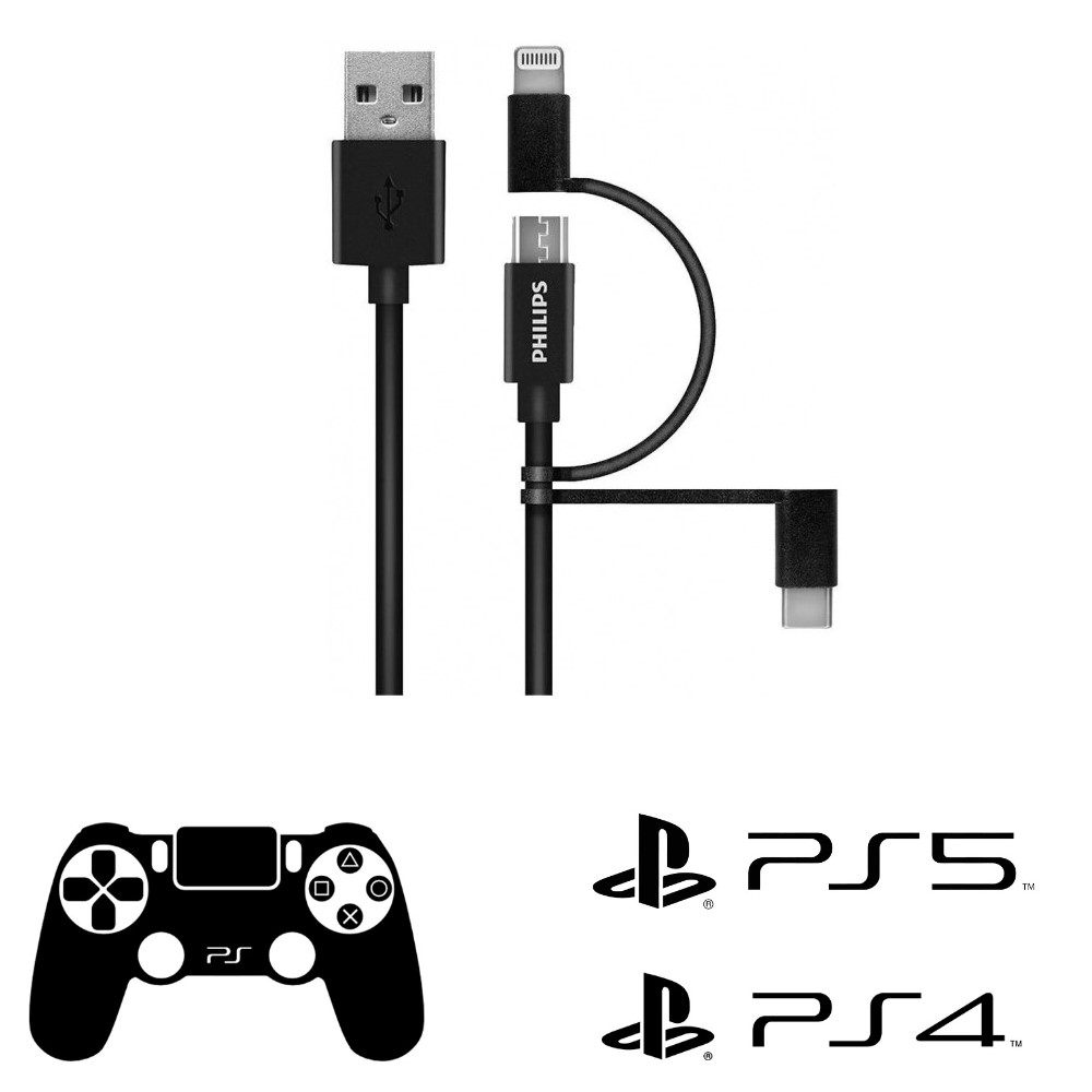 USB, Lightning ve USB-C konektörlü siyah şarj kablosu. PS5 ve PS4 logoları.
