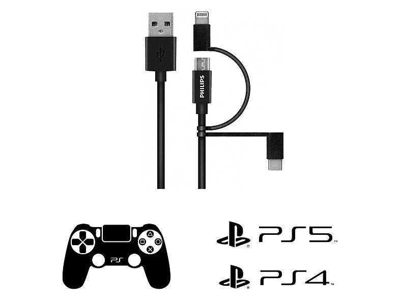 PHILIPS Playstation 4/5 ile Uyumlu Joystick Şarj Kablo 3'ü 1 Arada Micro-Lightining-Type-C 1.2m DLC3104T Hızlı Şarj ve Data Kablosu Siyah