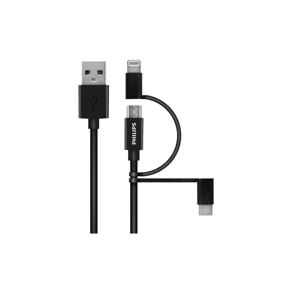 USB-A, Lightning ve USB-C konektörlü siyah bir USB kablosu.