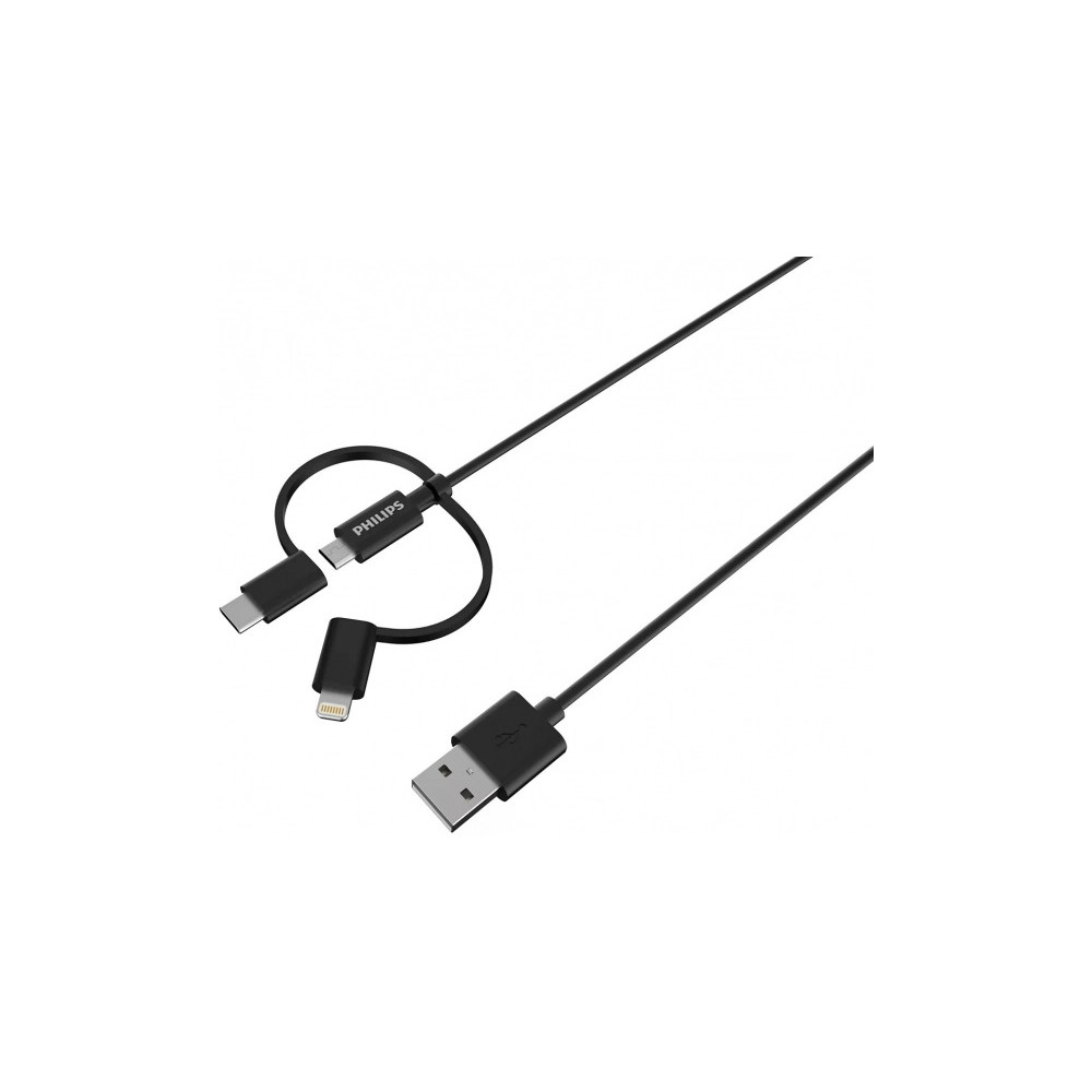 Beyaz arka plan üzerinde USB-A, USB-C ve Lightning konektörlü siyah Philips şarj kablosu.