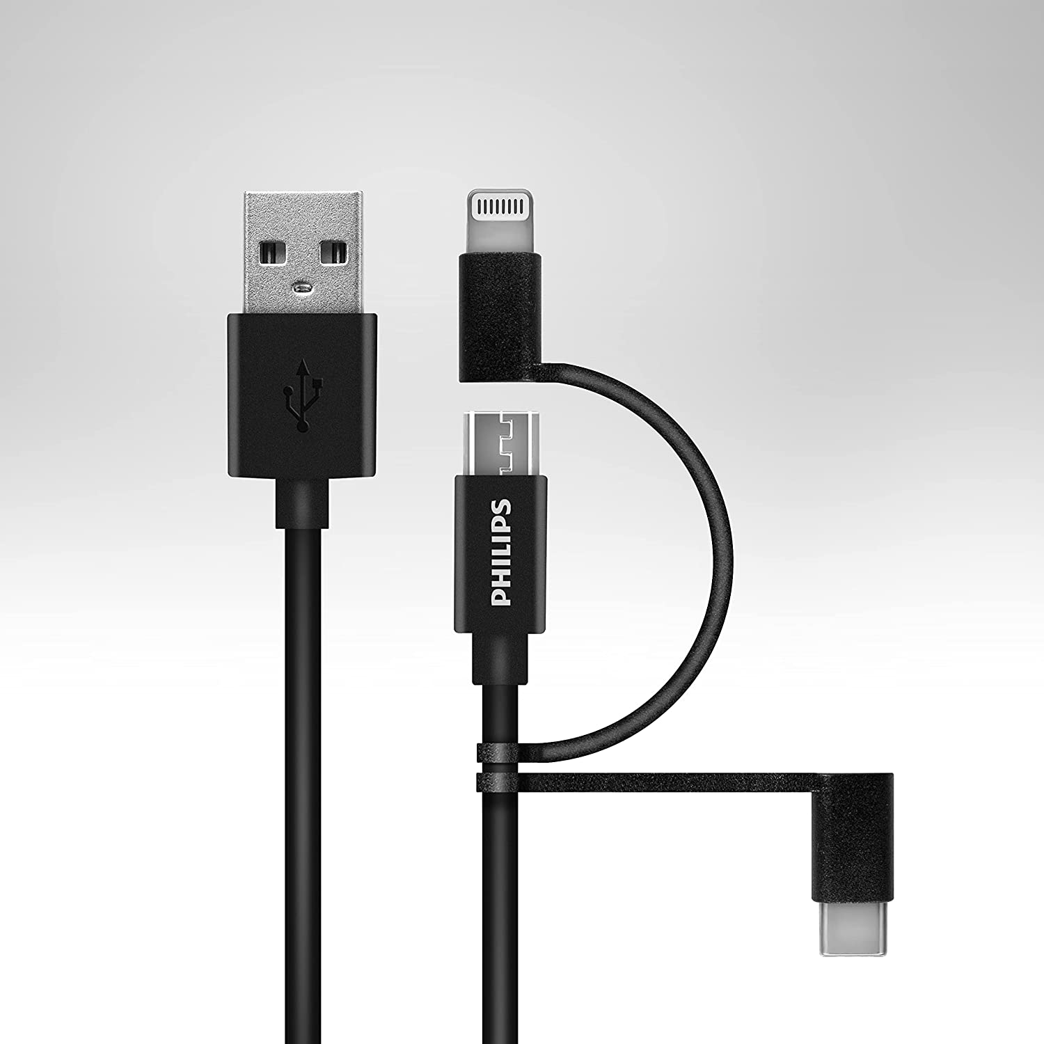 Üç konektörlü siyah USB kablosu: USB-A, Lightning ve USB-C.