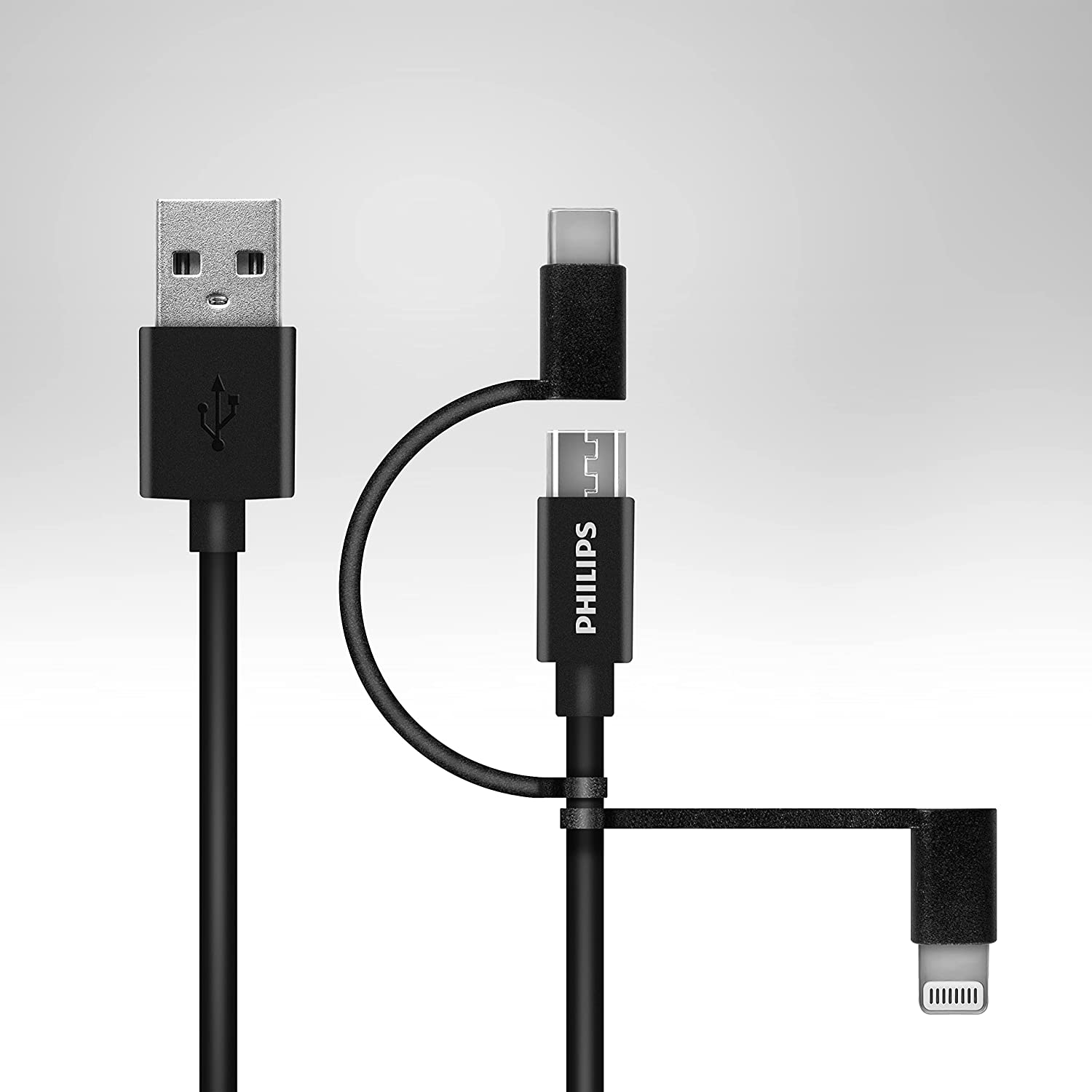 Üç farklı konektöre sahip siyah USB kablosu: USB-A, USB-C ve Lightning.
