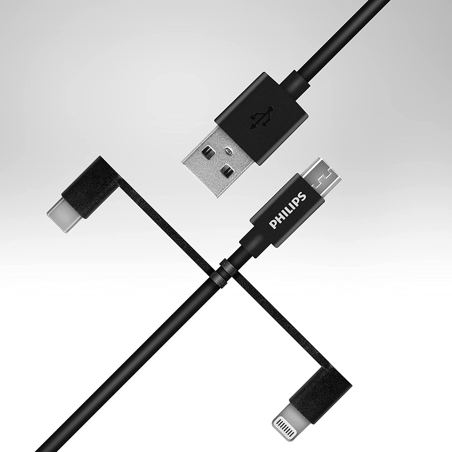 USB-C, Lightning ve USB-A konektörlü siyah USB kablosu.