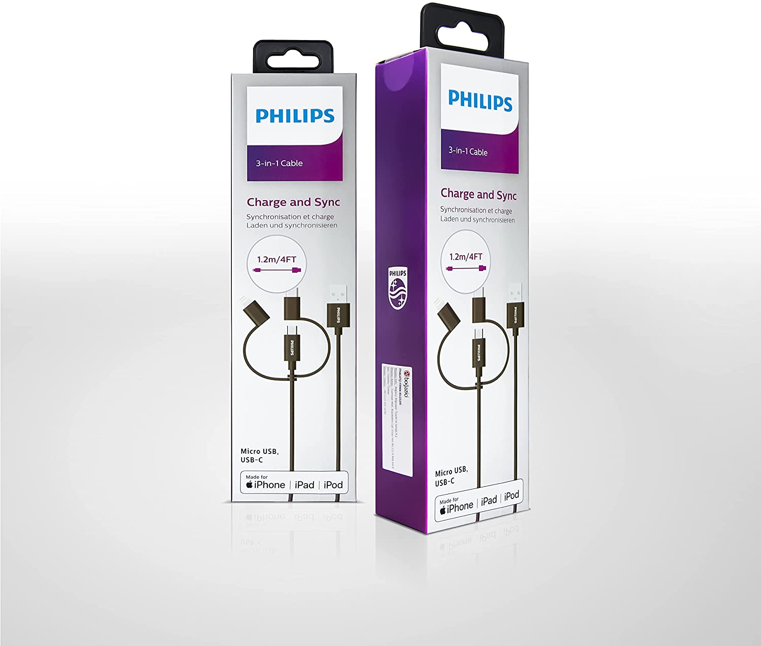 İki Philips 3'ü 1 arada kablo kutusu, biri mor, biri gri, kablo grafikleri gösteriyor.