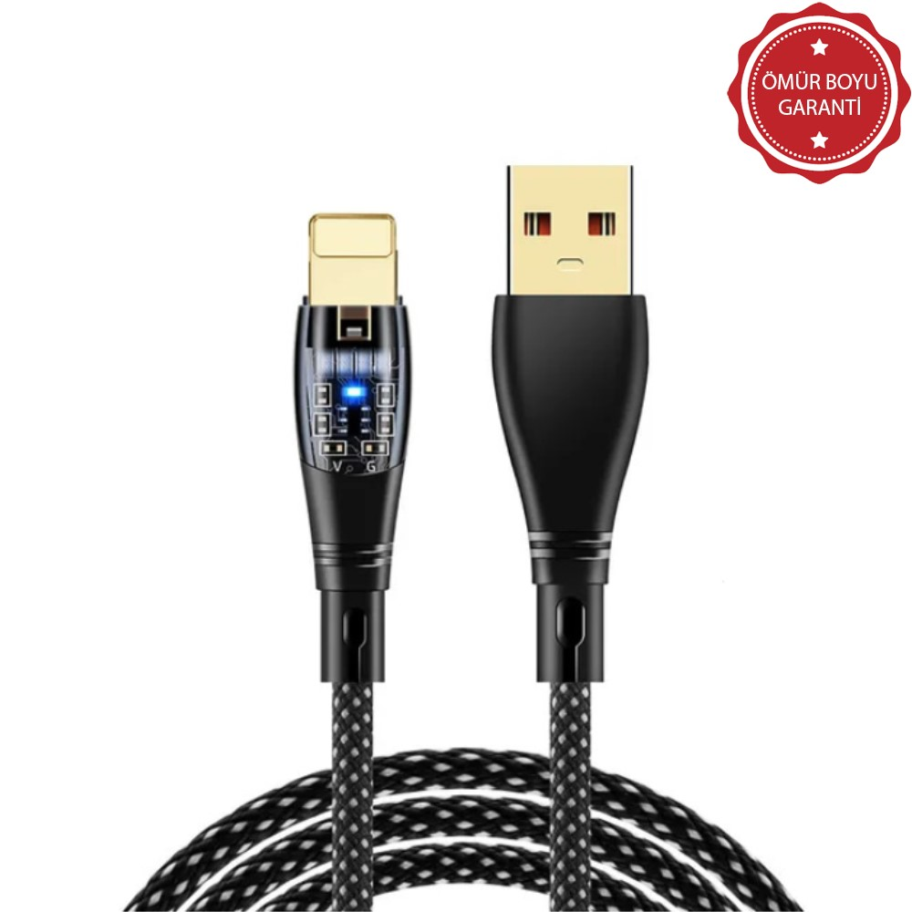 USB-A ve Lightning konnektörlü, aydınlatmalı siyah şarj kablosu.