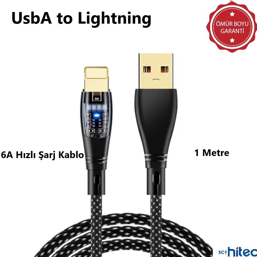 1 metre uzunluğunda, 6A hızlı şarj özellikli USB-A Lightning kablosu.