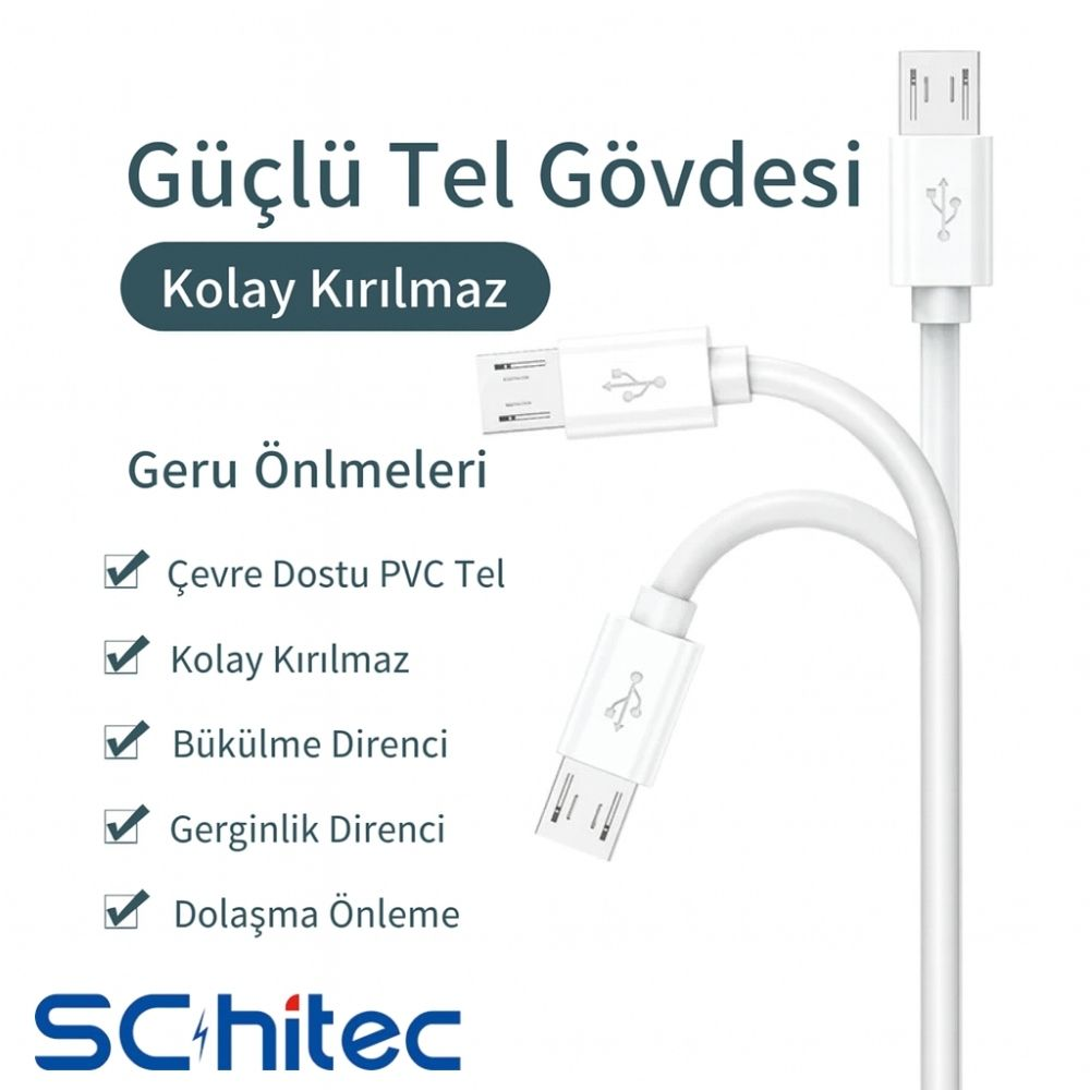 Güçlü gövdeli beyaz USB kablosu. Özellikler: Çevre dostu PVC, kırılmaz.