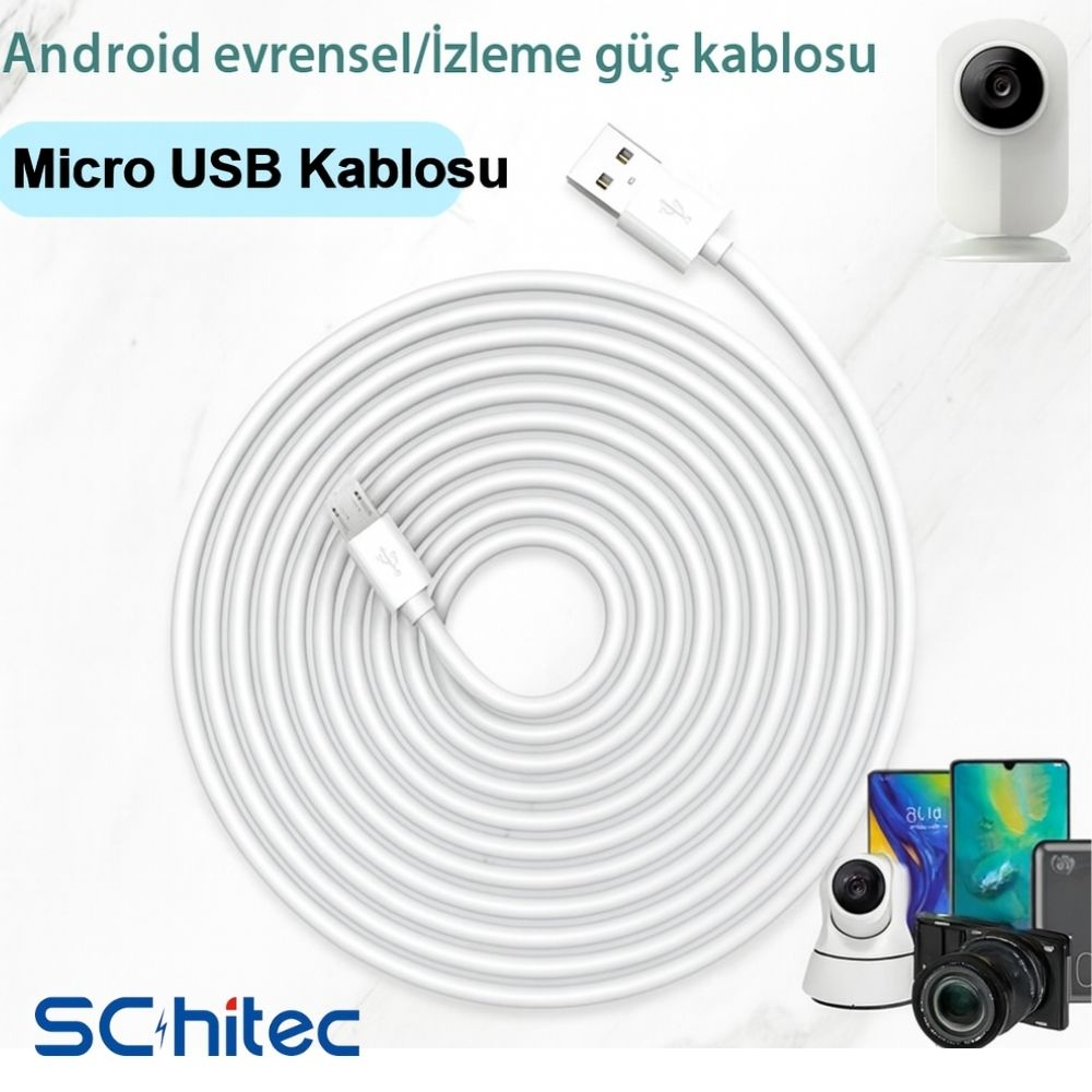 Arkada cihazlar bulunan, sarılı beyaz bir micro USB kablosu.