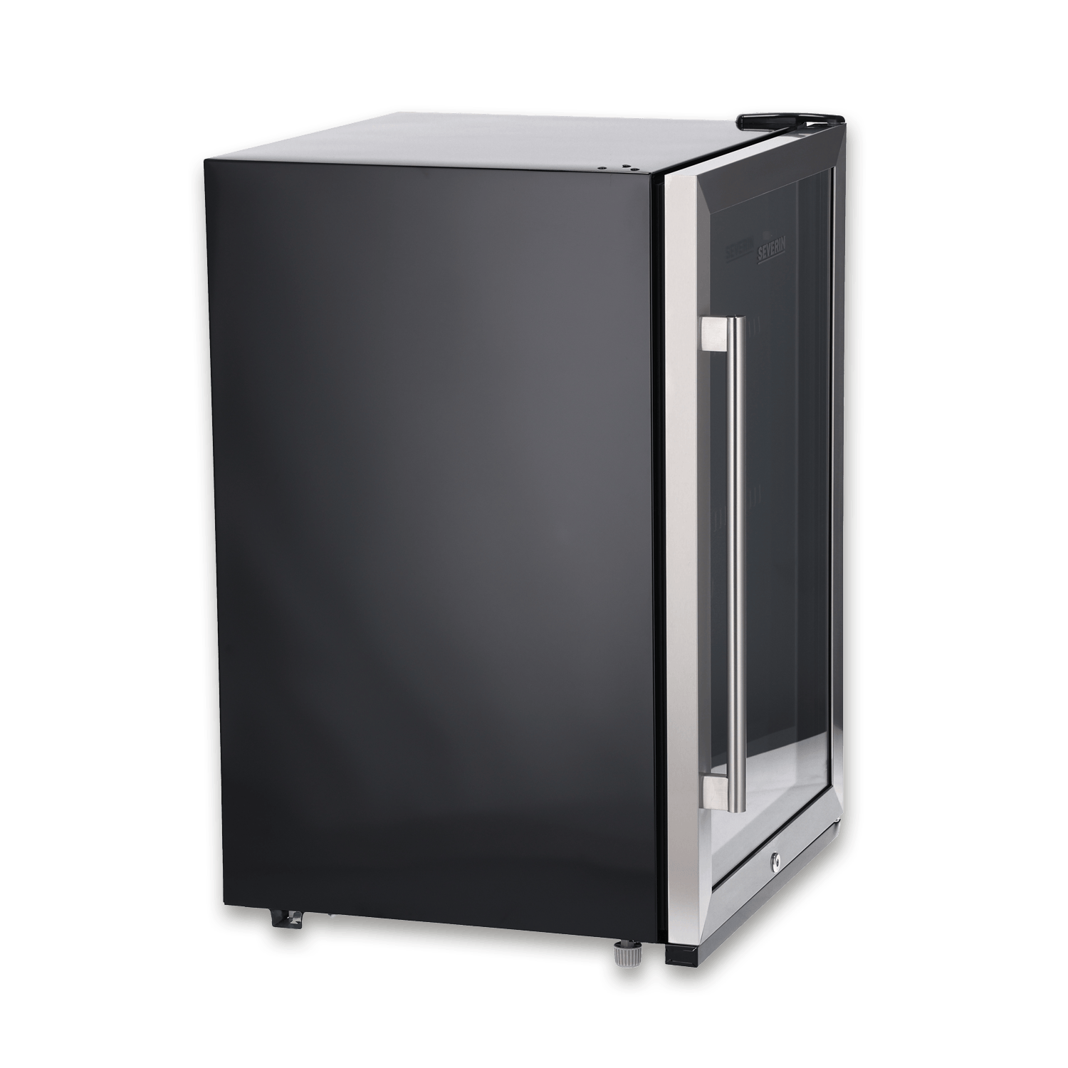 Un minirrefrigerador negro con puerta de cristal y asa plateada.