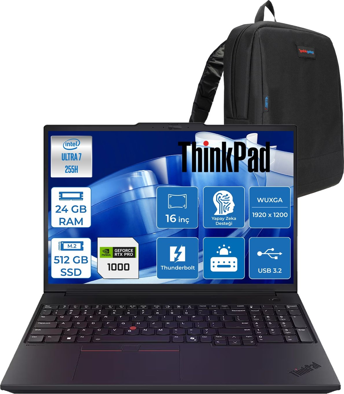 Arkada siyah sırt çantası olan, özelliklere sahip siyah Lenovo ThinkPad dizüstü bilgisayar.