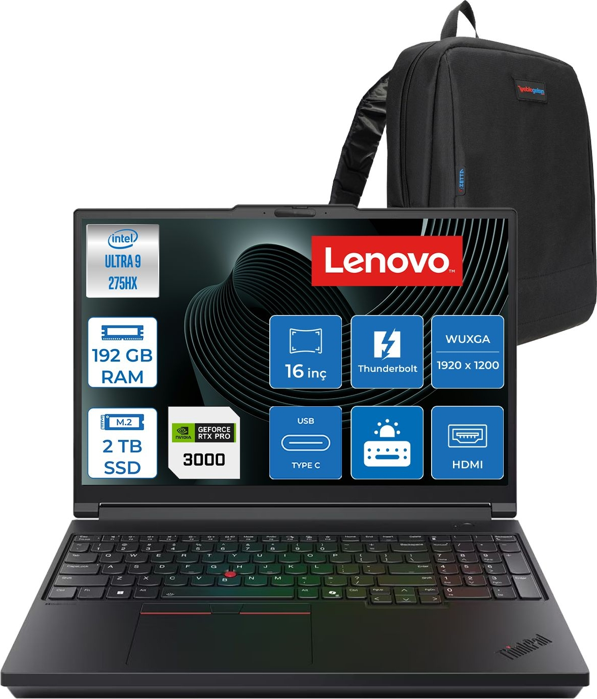 Intel Ultra 9 ve RTX Pro işlemcili Lenovo dizüstü bilgisayar, siyah sırt çantası yanında.