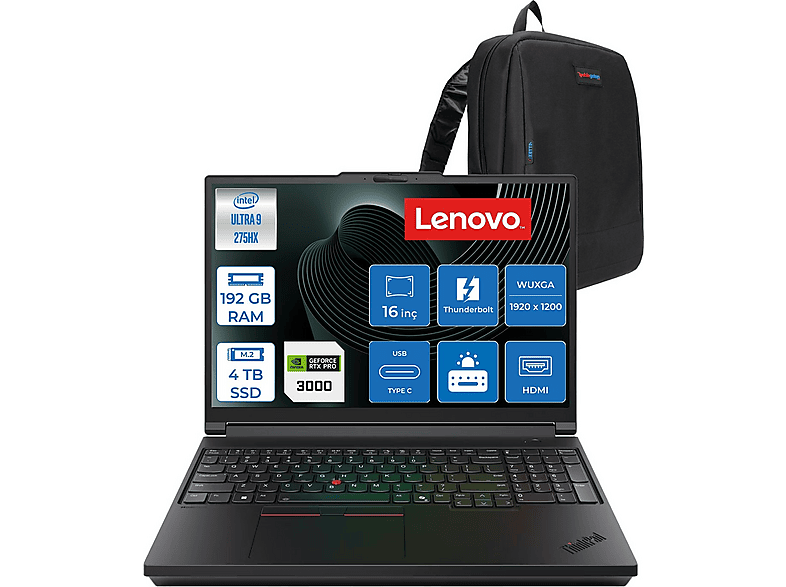 LENOVO ThinkPad P16 Gen3 RTXPRO3000 21RQ000JTXF48 Intel® Core™ Ultra 9 275HX 192 GB RAM 4 TB SSD 16 inç FreeDOS Laptop+Çanta Siyah