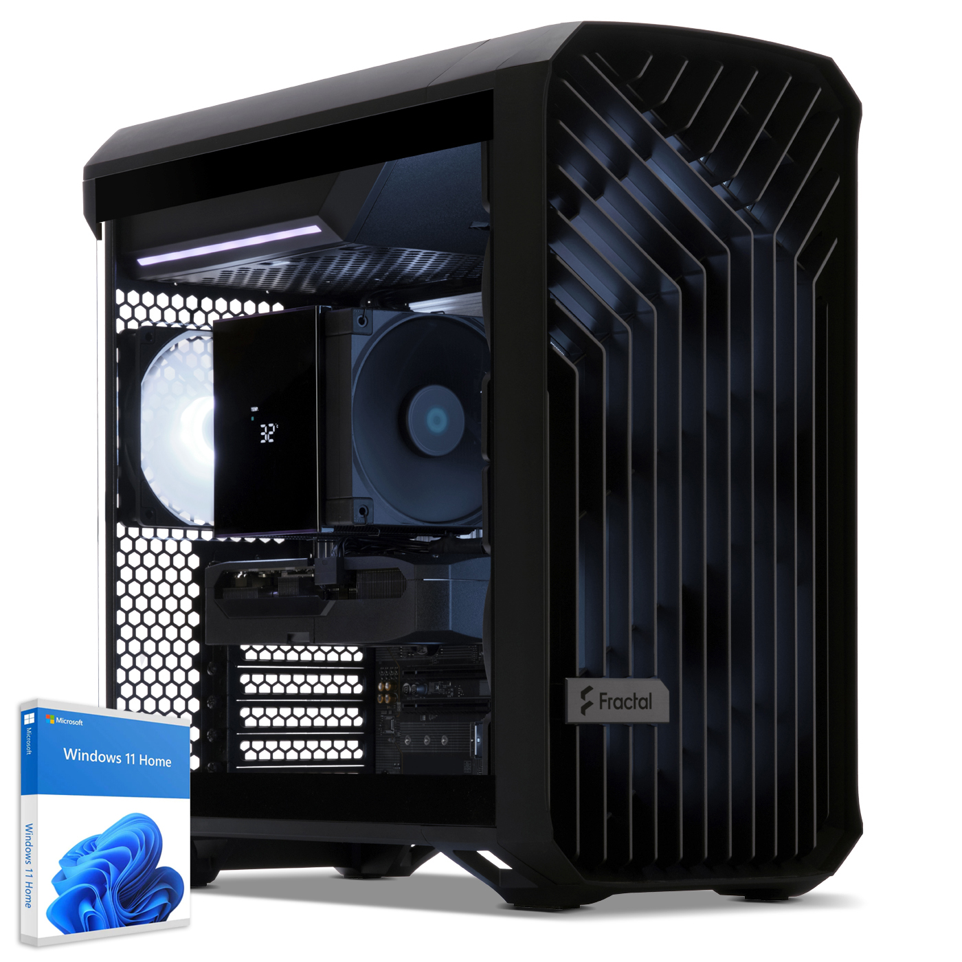 Tower PC Fractal nera con ventole RGB, display digitale e scatola Windows 11.