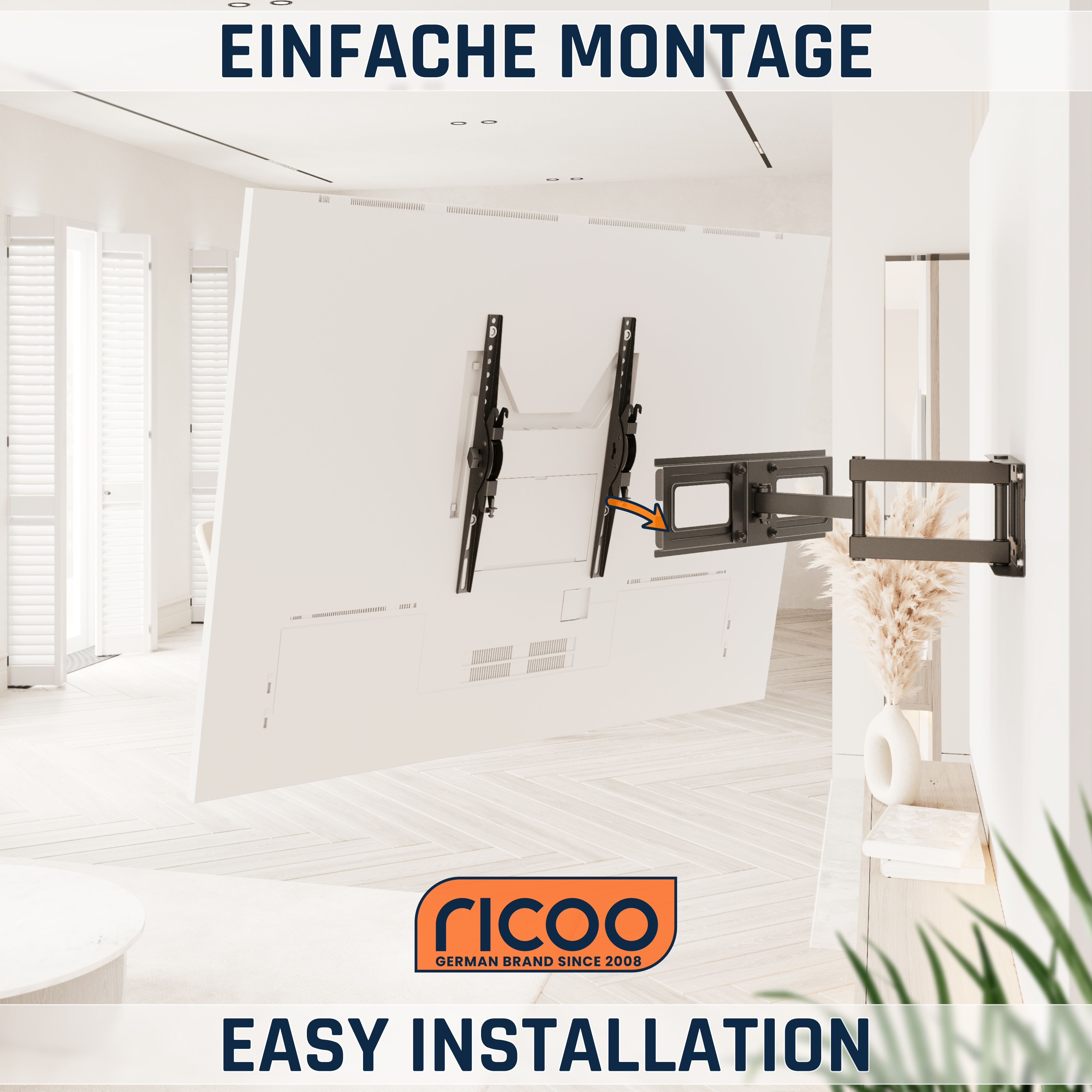 Ein moderner Wohnraum mit einem schwenkbaren Fernsehhalter an der Wand.