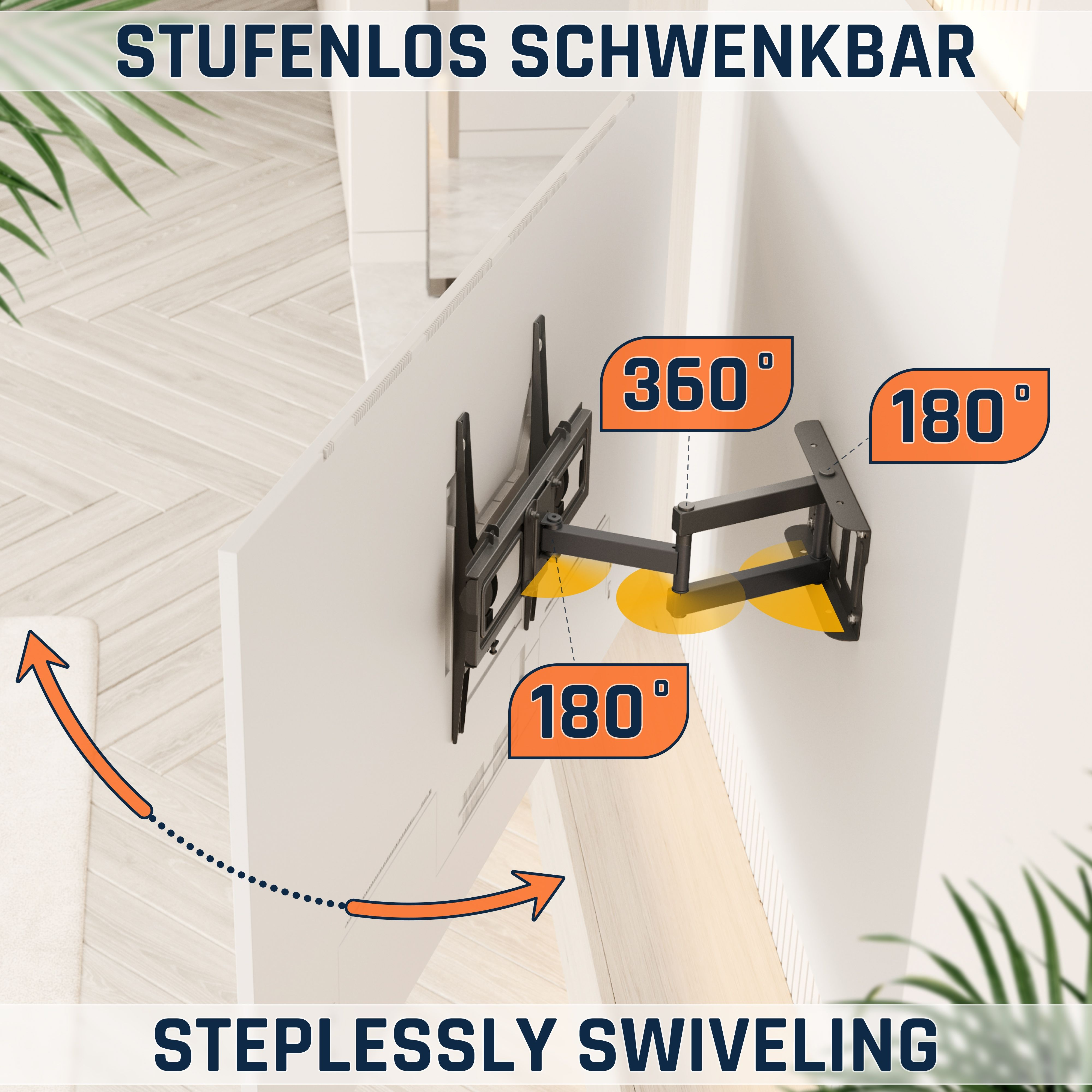 Ein schwenkbarer TV-Halter mit 180° und 360° Markierungen.