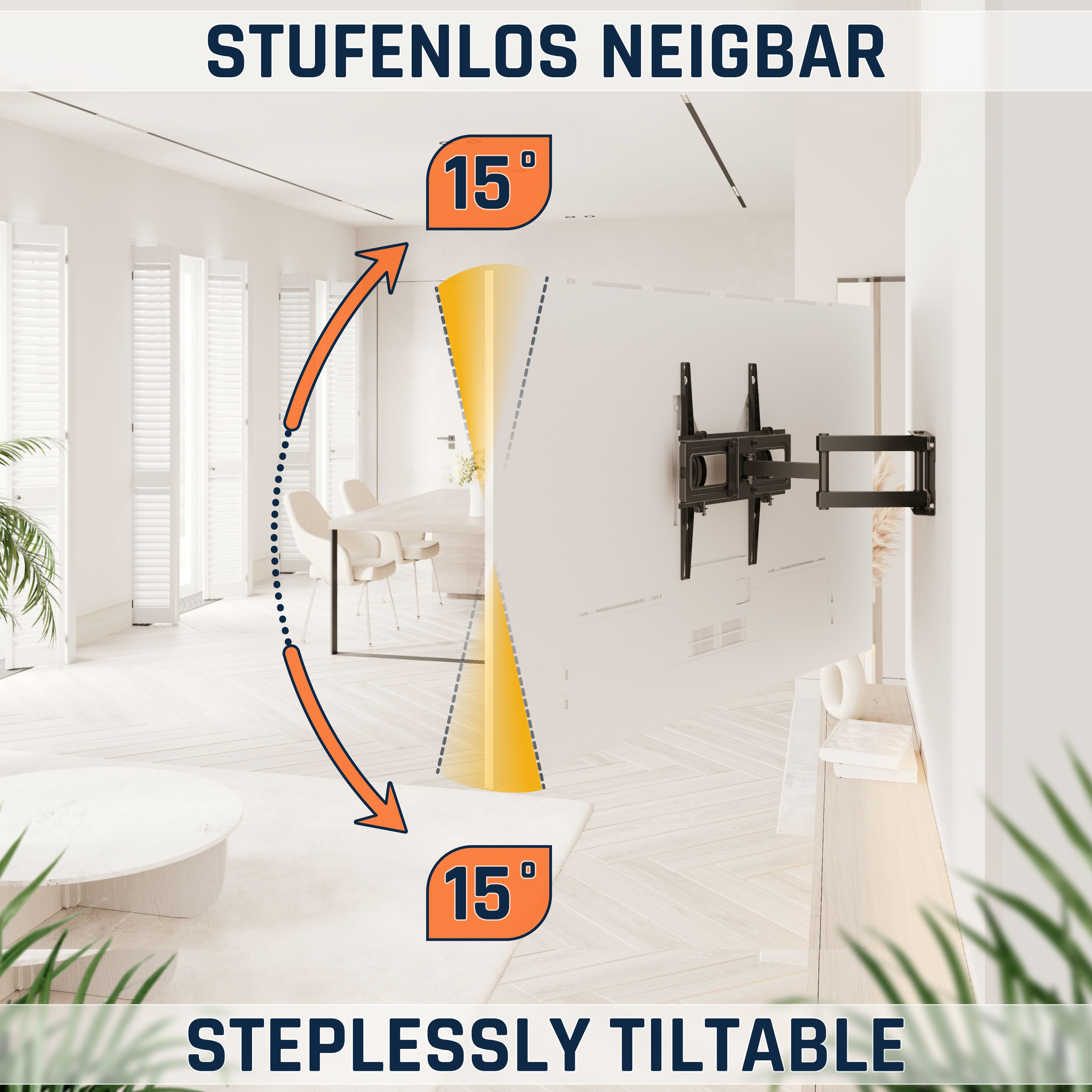 Ein schwenkbarer TV-Halter an einer Wand mit Neigungsanzeigen von 15 Grad.