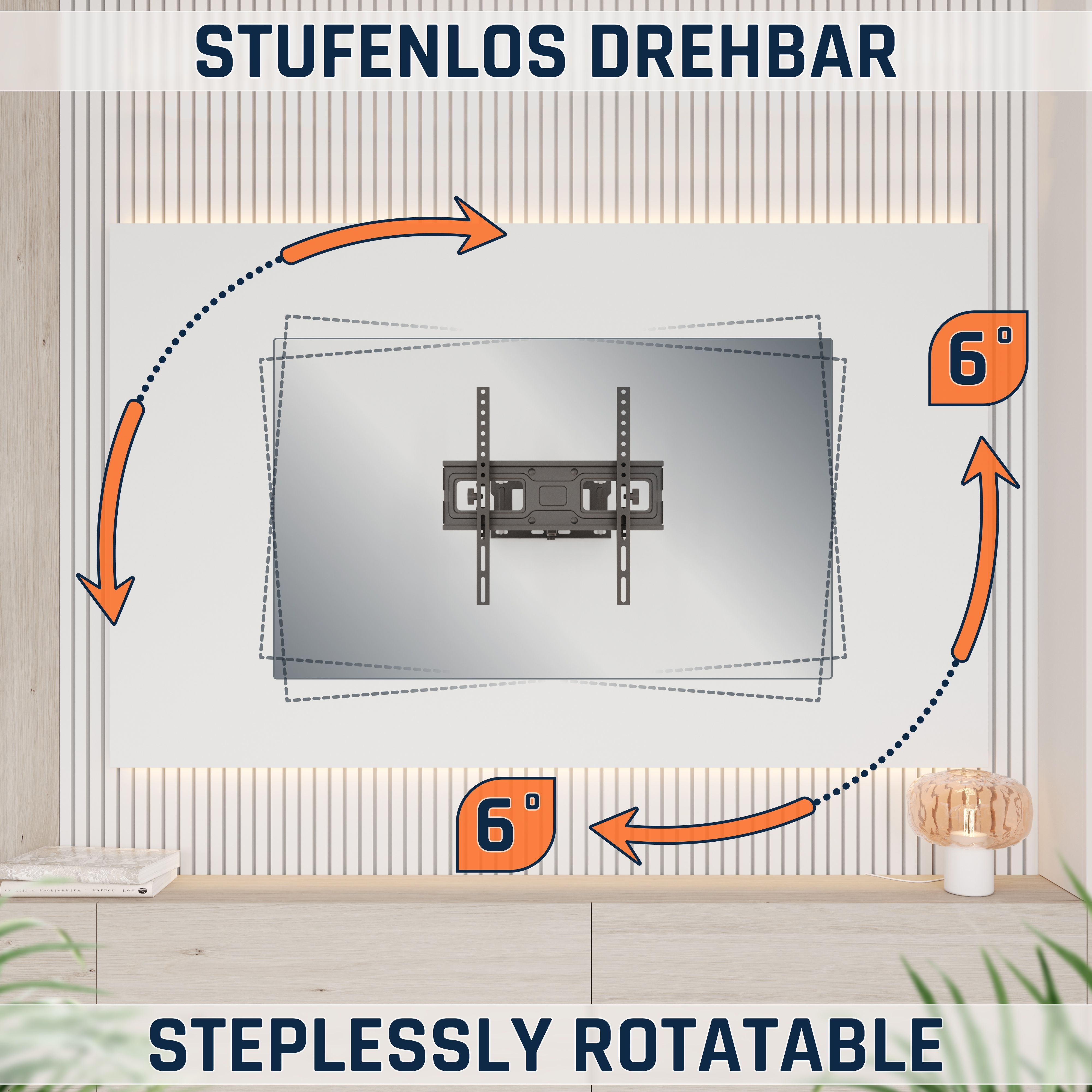 Ein TV-Wandhalter wird stufenlos gedreht, 6 Grad Neigung angezeigt.