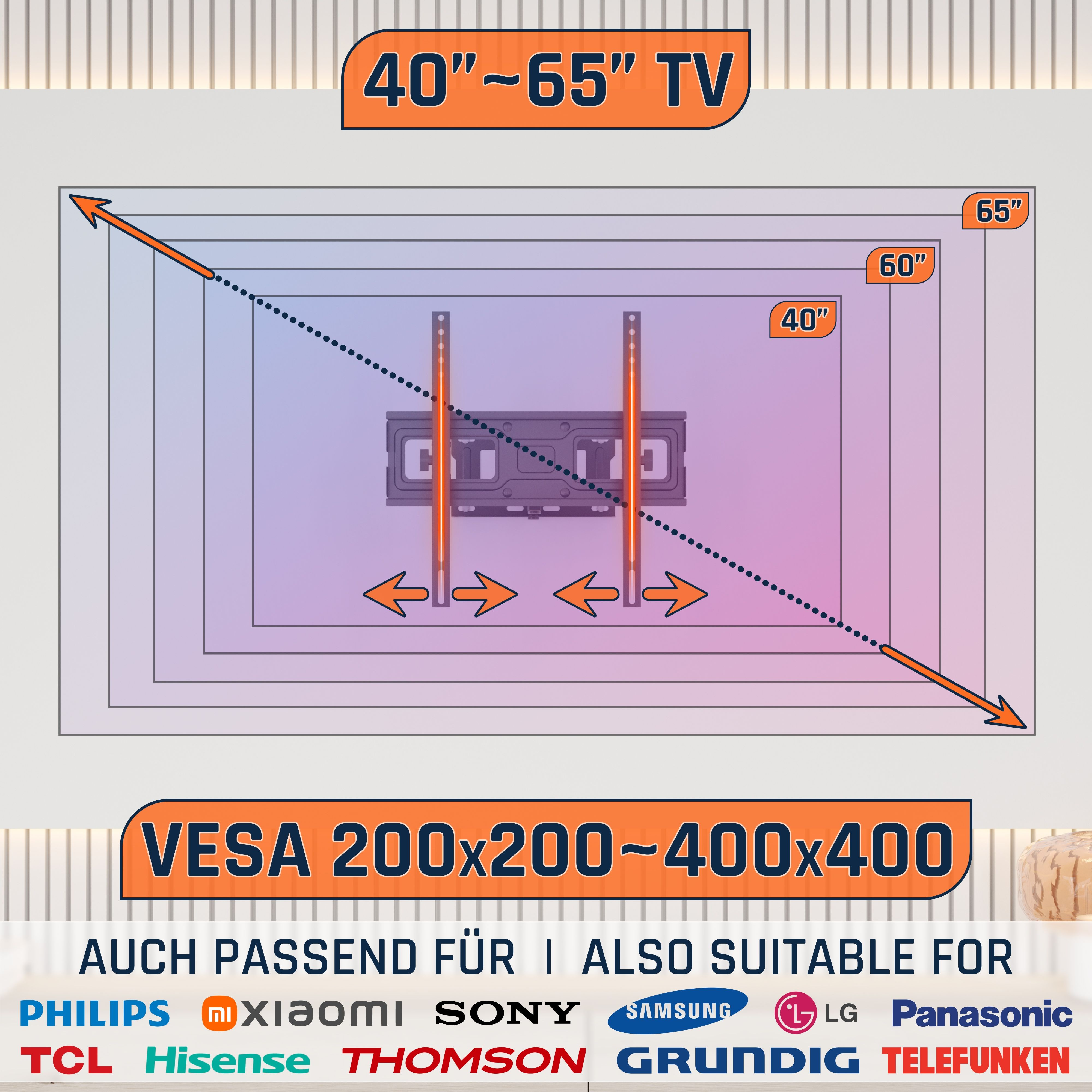 TV-Wandhalterung für 40-65 Zoll TVs, VESA 200x200-400x400, für viele Marken.
