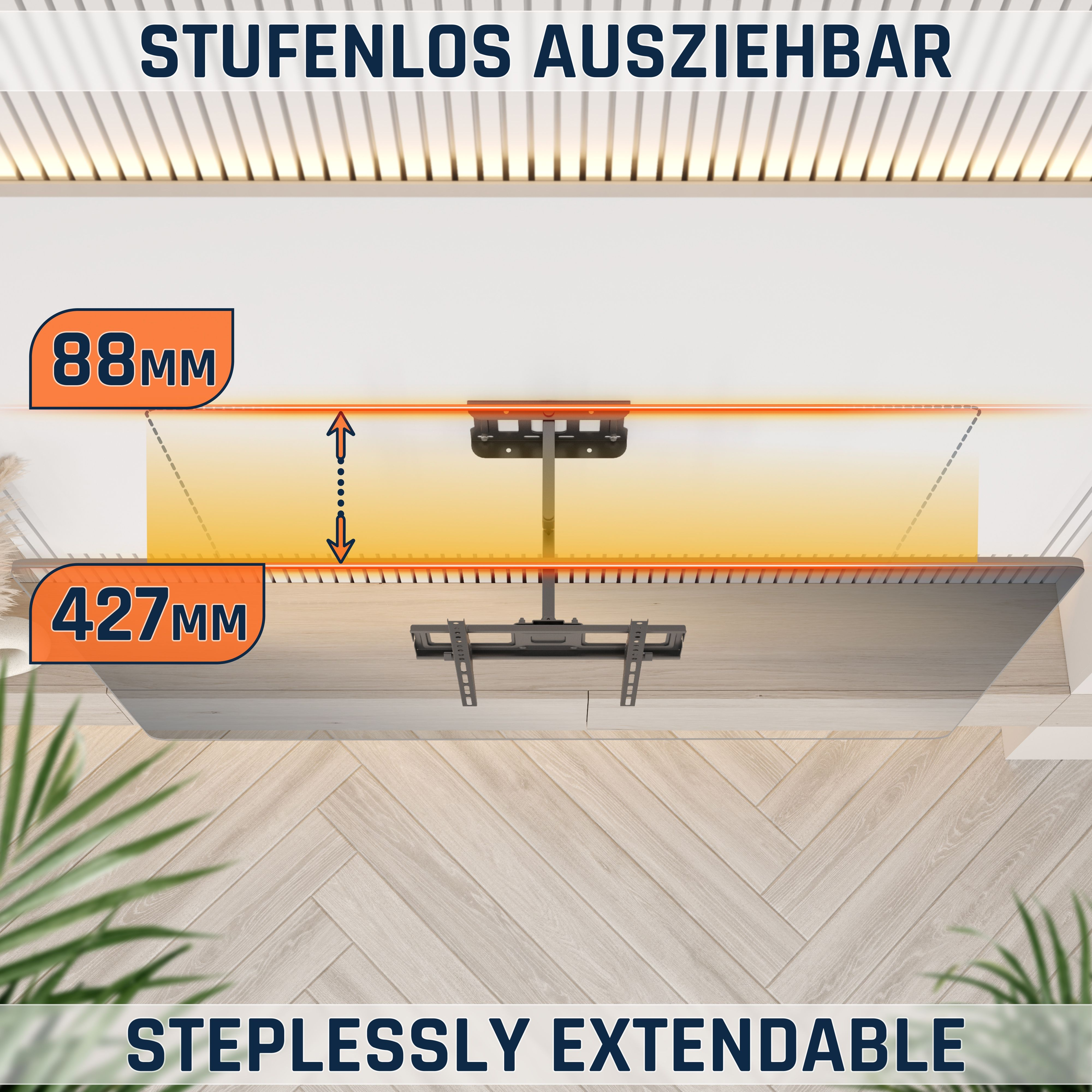 Ein Fernsehhalter an der Decke mit Maßen 88mm und 427mm.