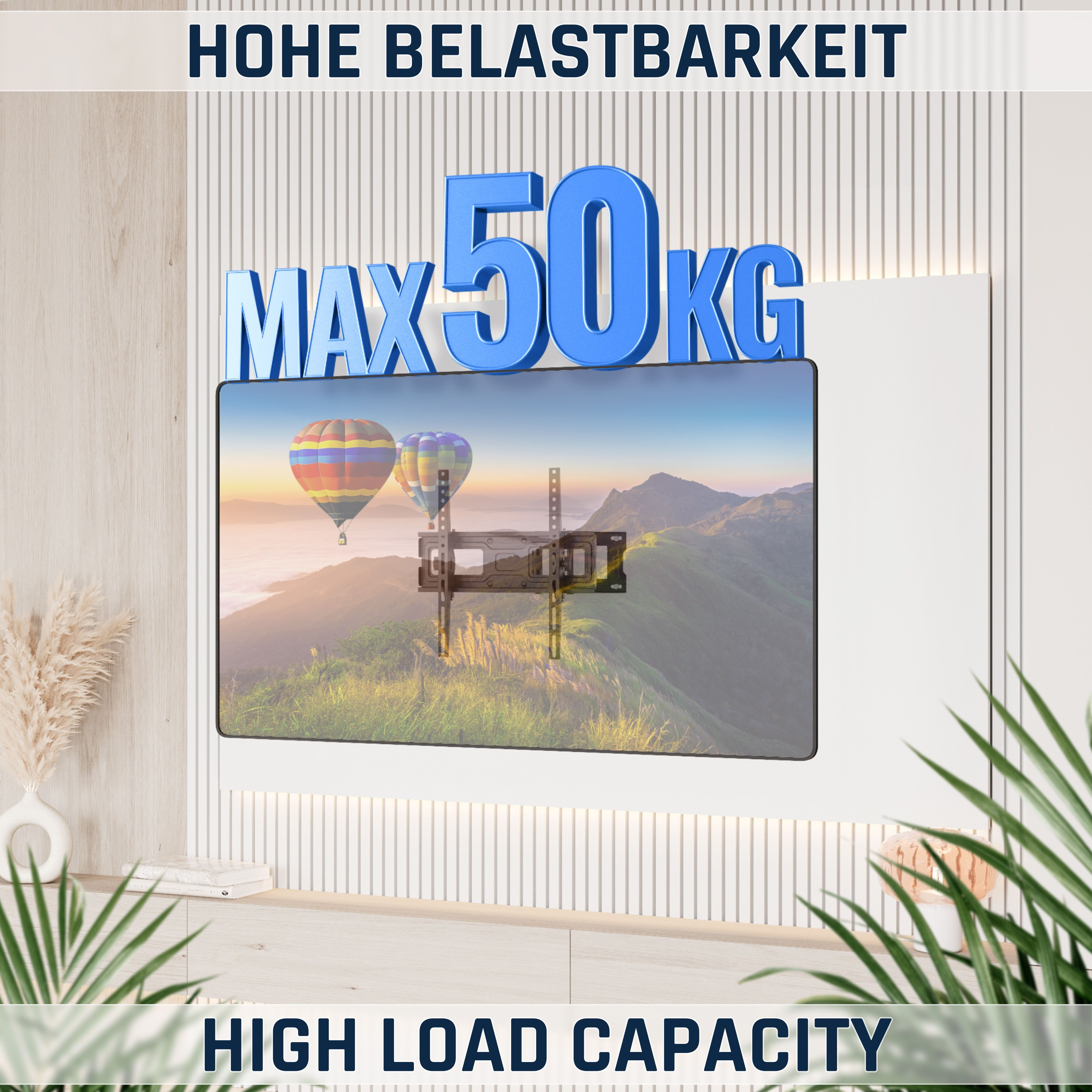 Max 50 kg Traglast. Wandhalterung für Fernseher mit Berg- und Ballon-Landschaft.