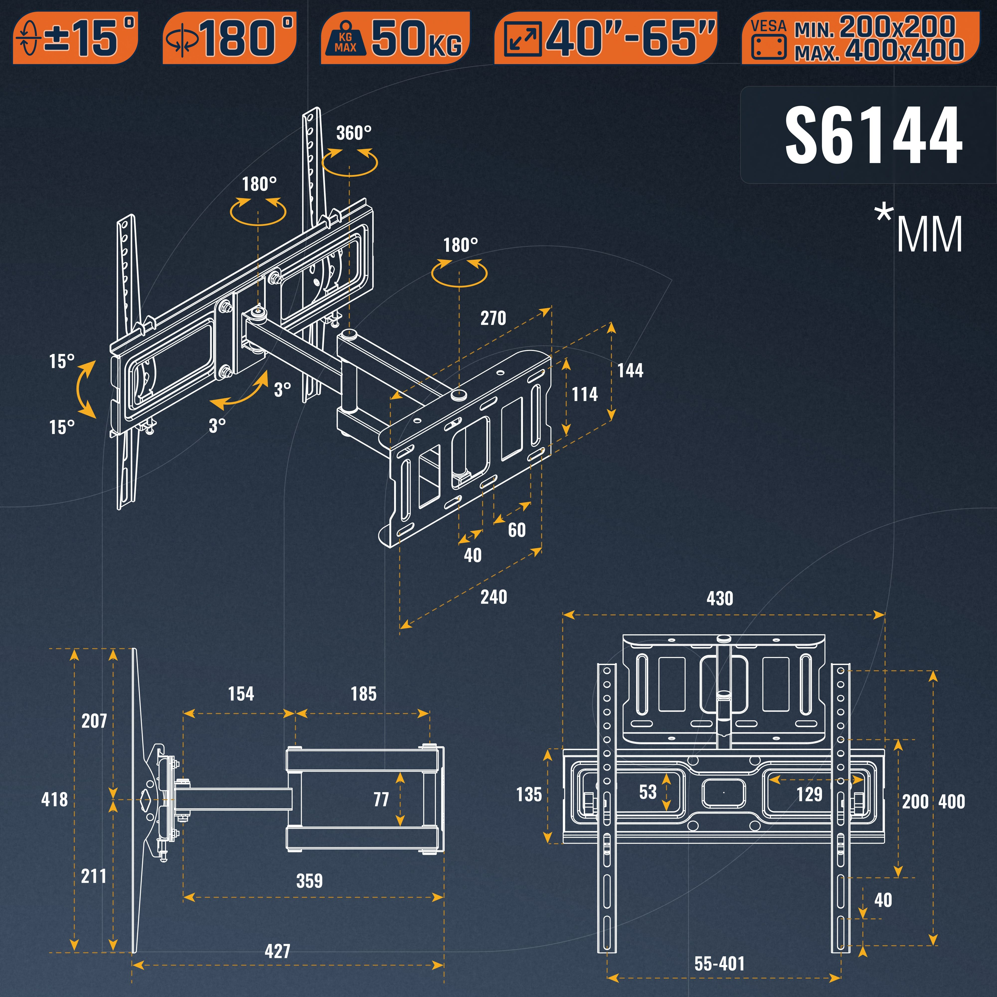 Diagramm zeigt TV-Wandhalterung S6144 mit Maßen und Winkeln.