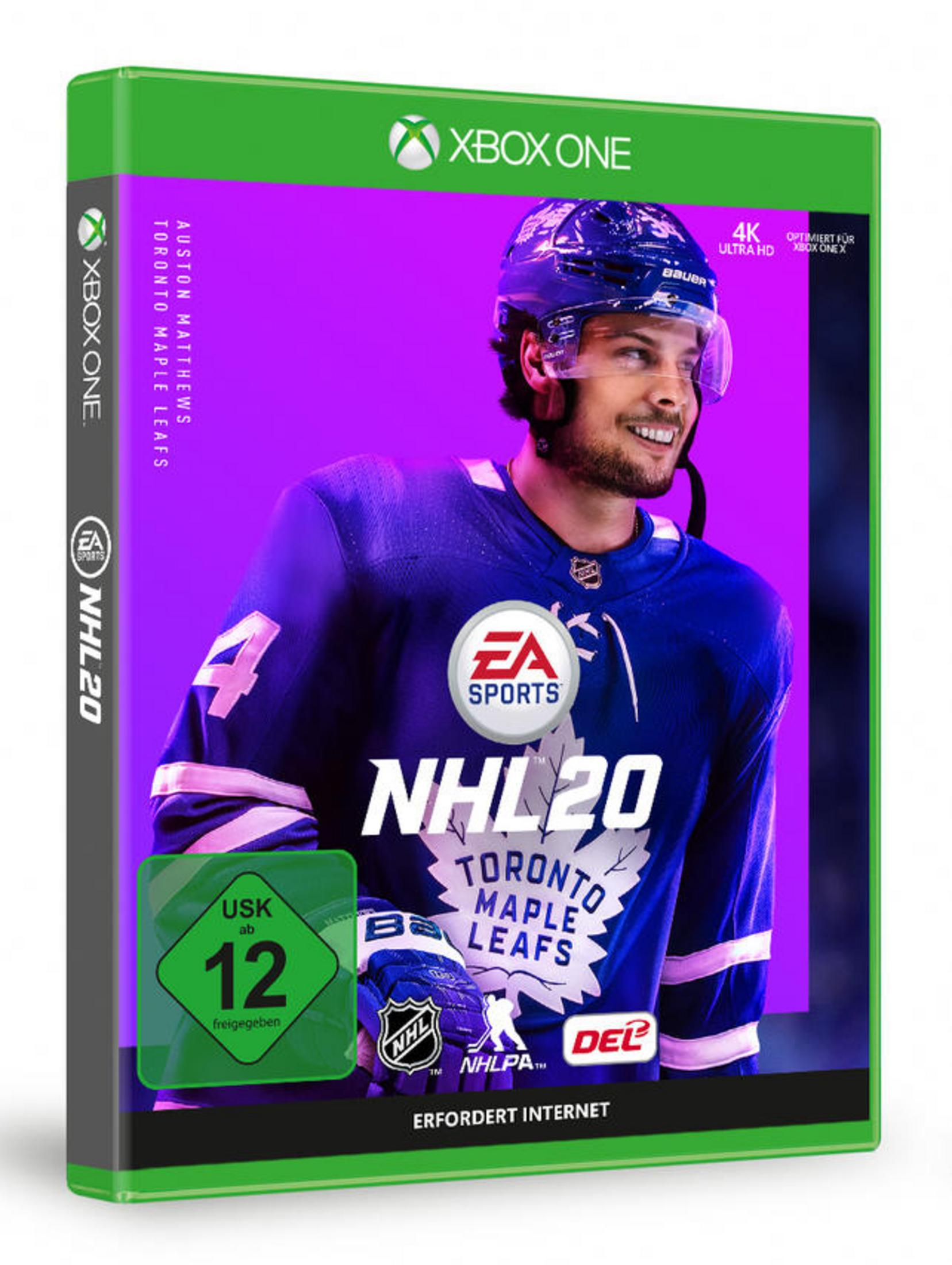 NHL 20 Xbox One speldoos met Auston Matthews op paarse achtergrond.