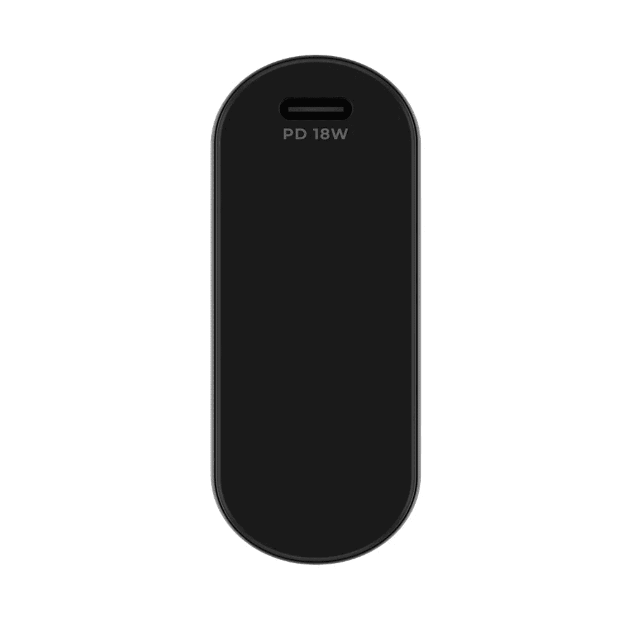 Schwarzer ovaler USB-C-Adapter mit PD 18W-Aufschrift.
